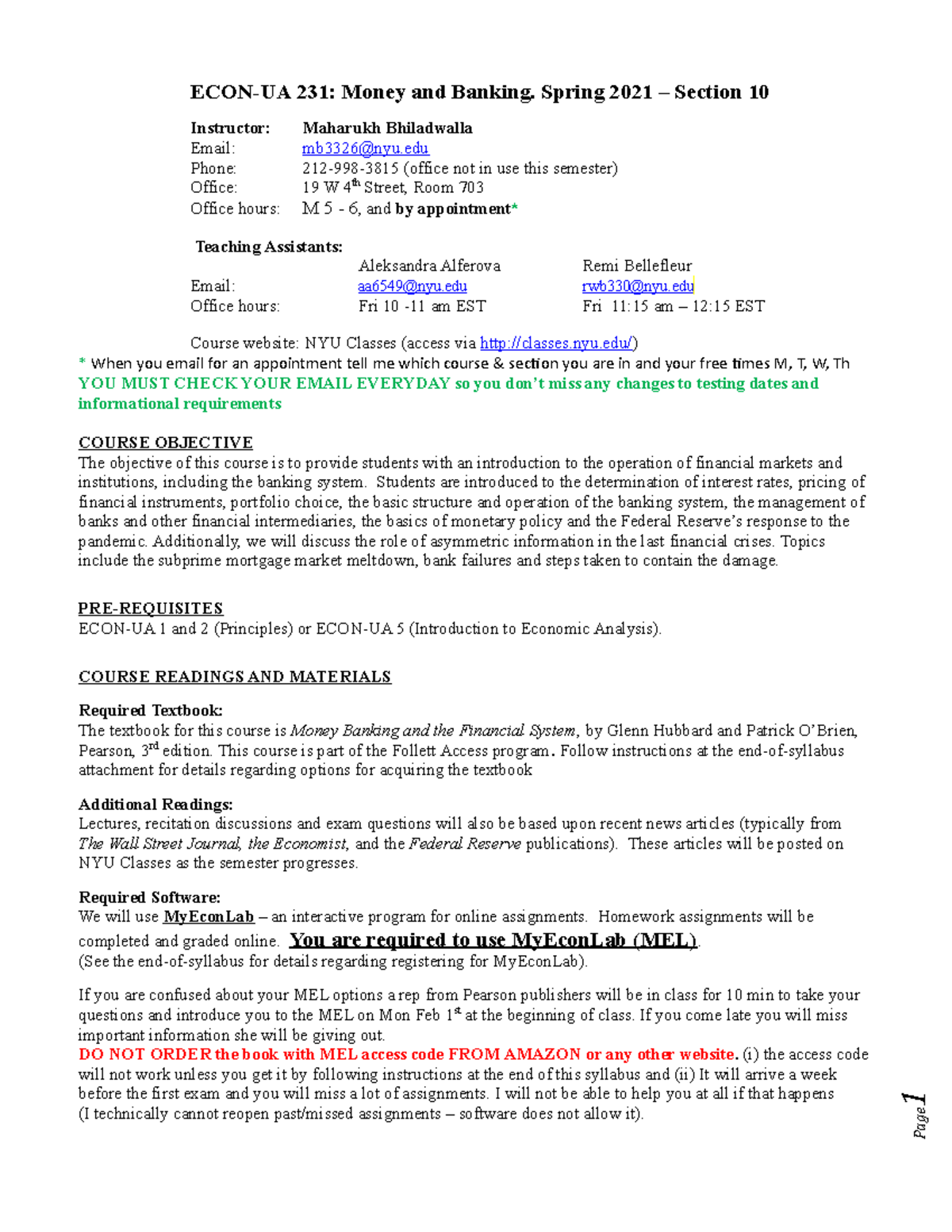 Syllabus spring 2021 ECONUA 231 Money and Banking. Spring 2021