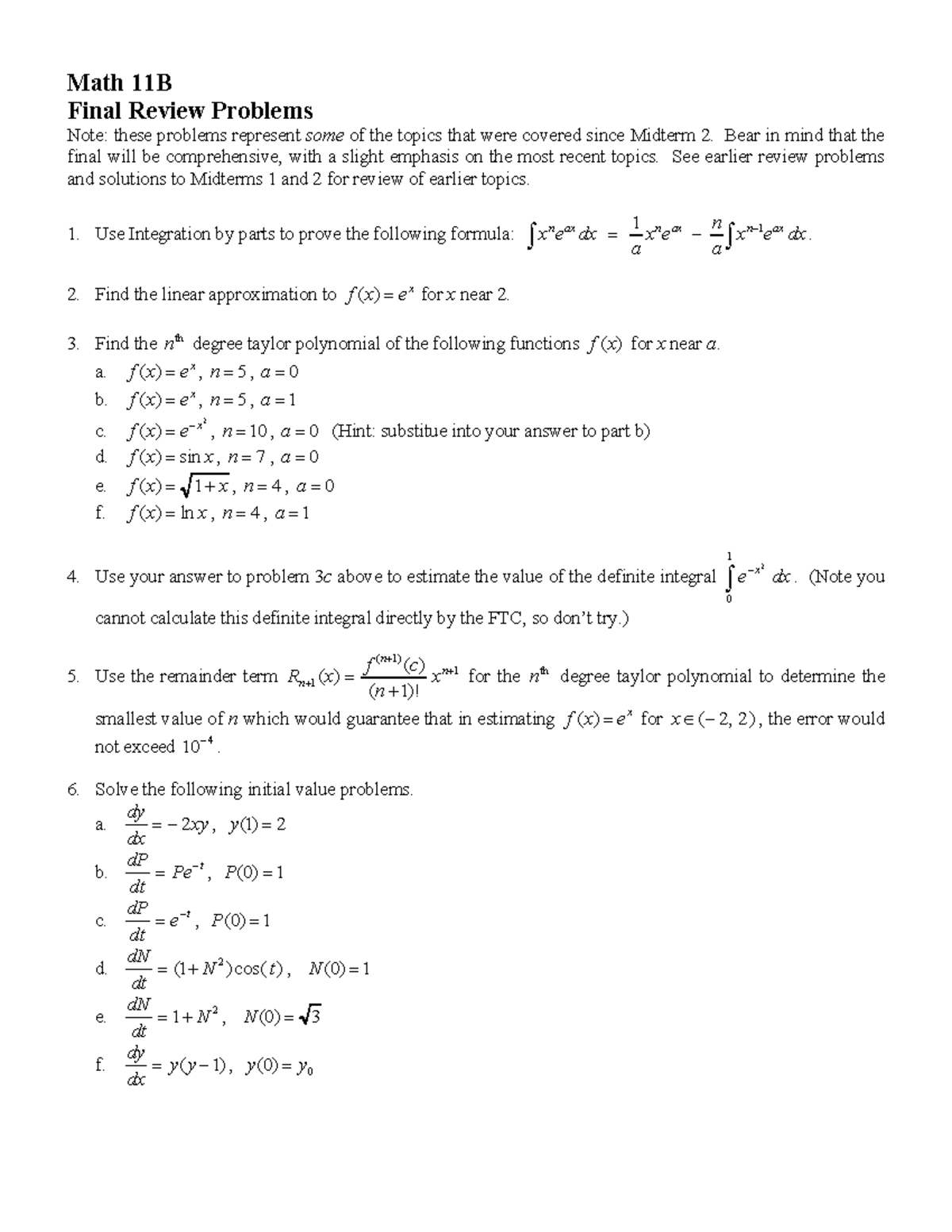 Final Review Summary Calculus With Applications Math 11b Final Review Problems Studocu