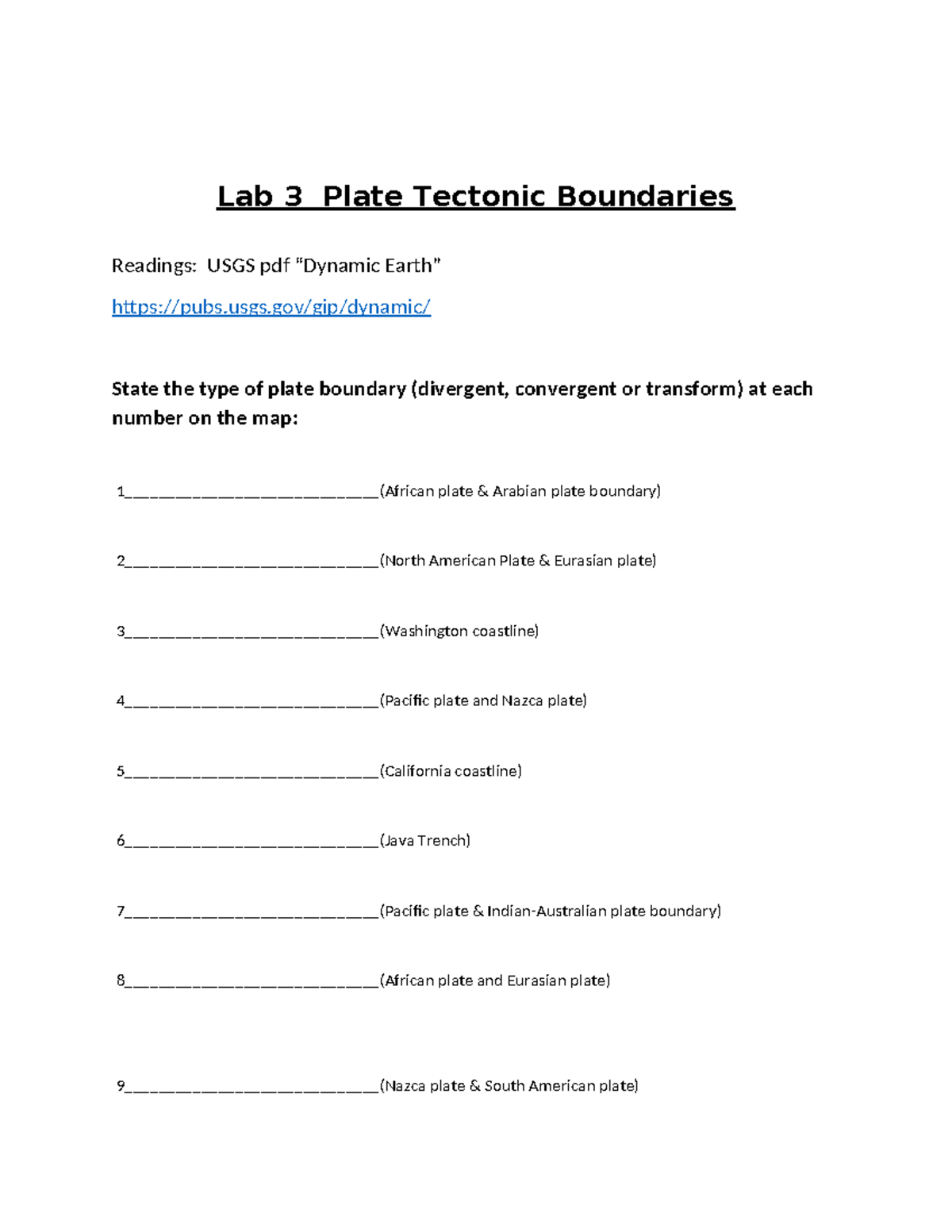 PHYS 1403 Lab 3 Plate Tectonic Boundaries Lab 3 Plate Tectonic