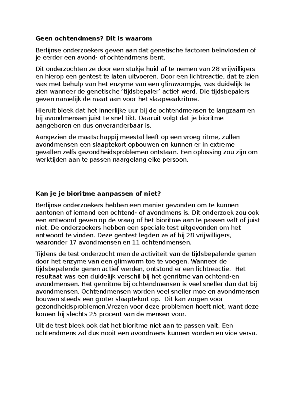 Samenvatting, ochtend of avondmens Geen ochtendmens? Dit is waarom Berlijnse onderzoekers