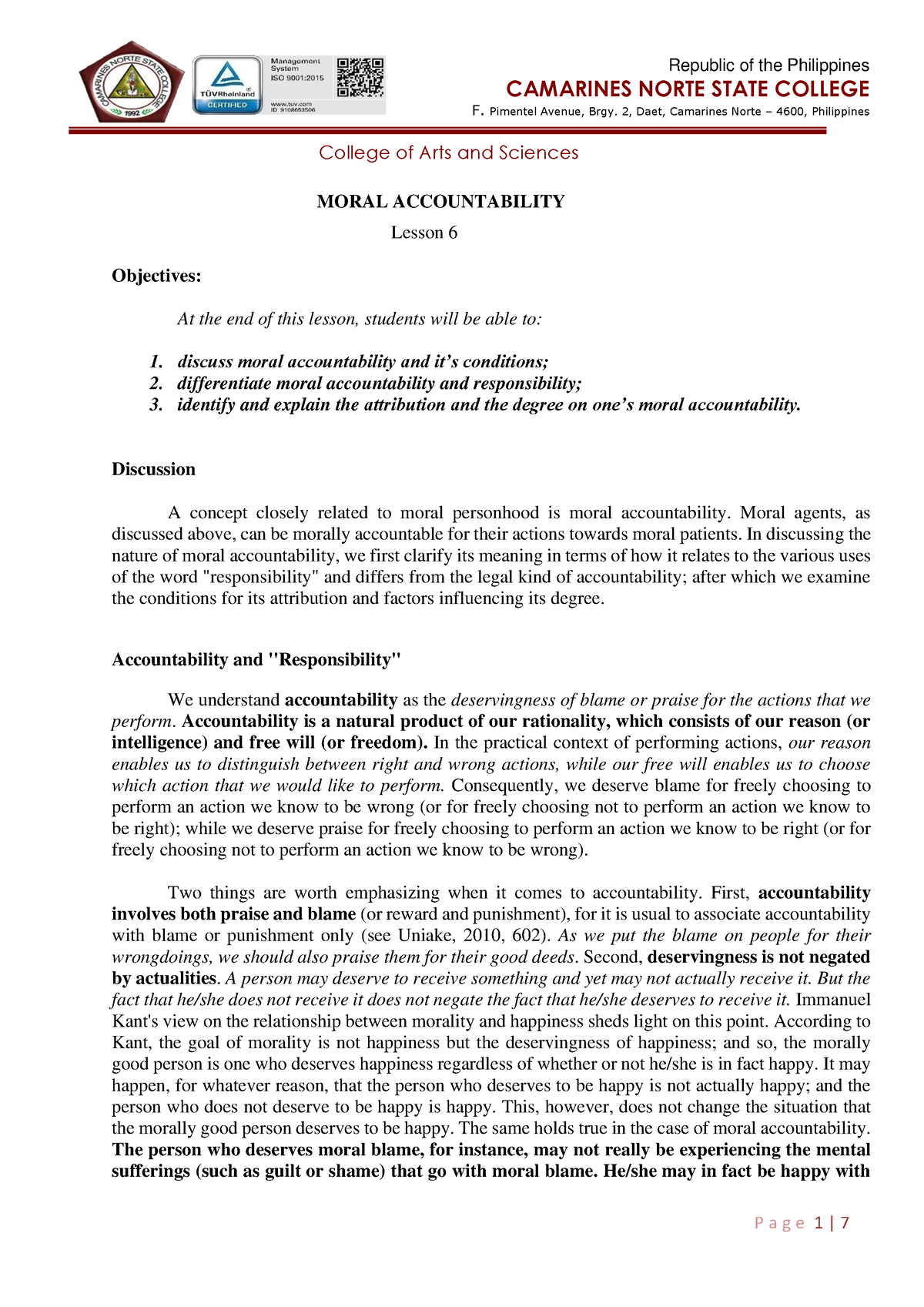 Lesson 6 Moral Acountability - CAMARINES NORTE STATE COLLEGE F ...