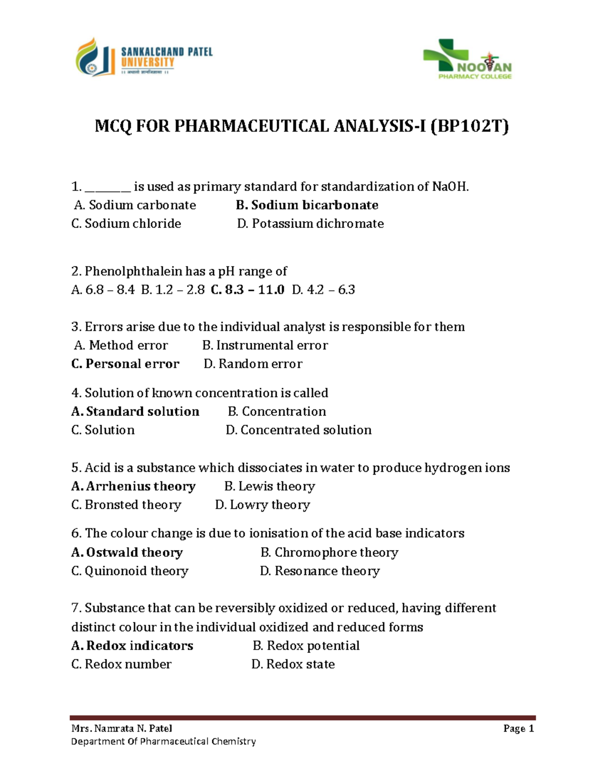 MCQ - Mrs. Namrata N. Patel Page 1 MCQ FOR PHARMACEUTICAL ANALYSIS-I ...