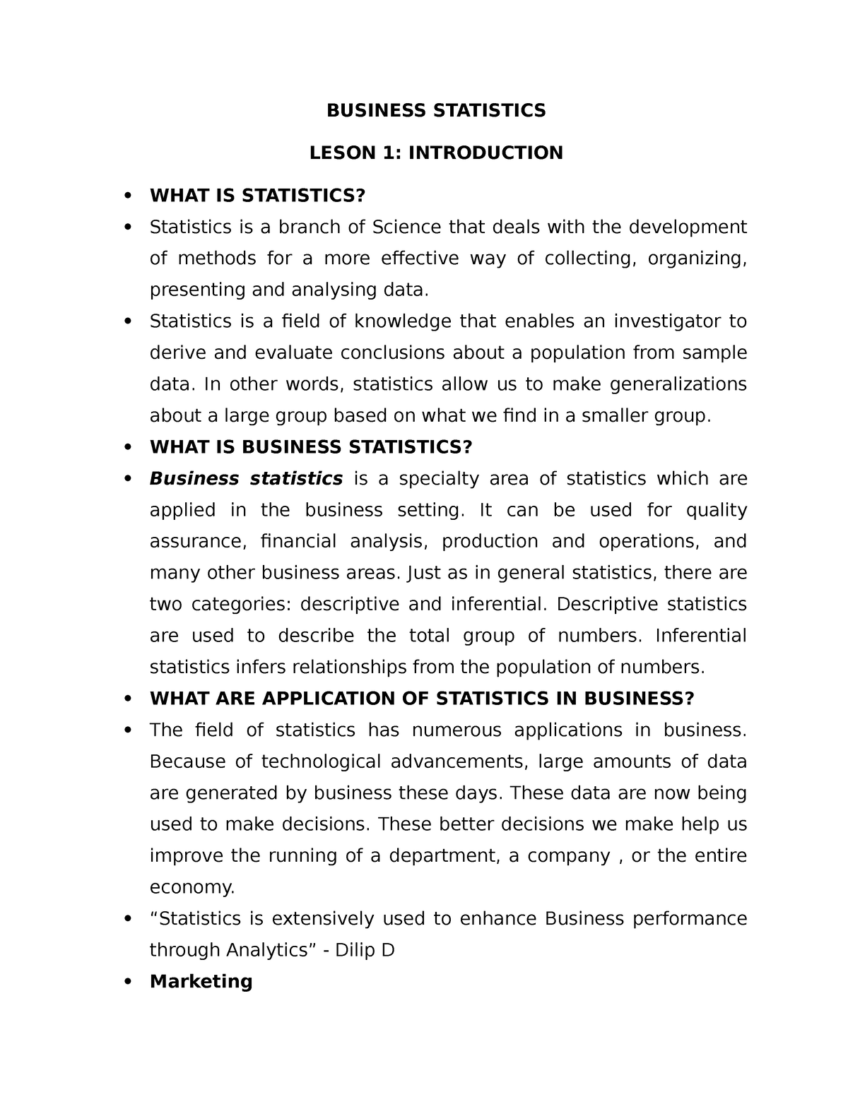 Business Statistics Introduction Summaries - BUSINESS STATISTICS LESON ...