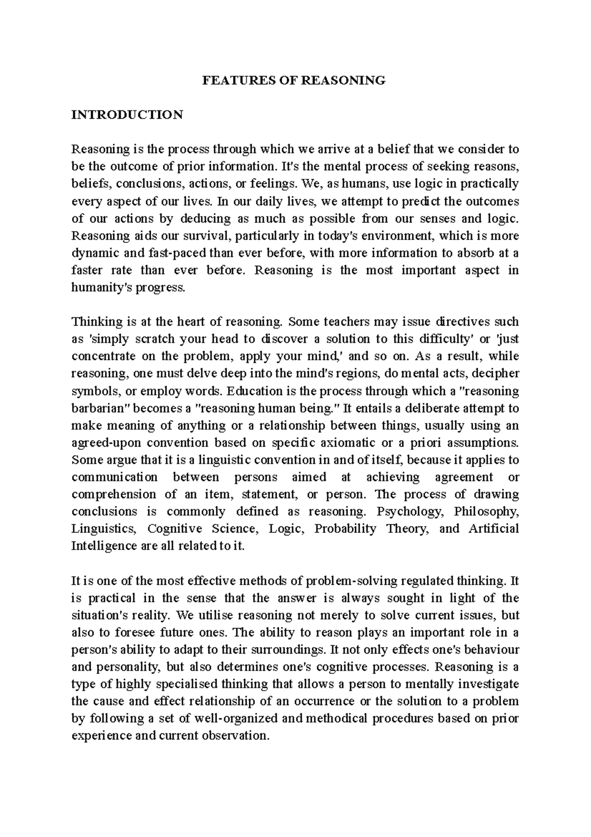 Features OF Reasoning - Lecture notes 4 - FEATURES OF REASONING ...