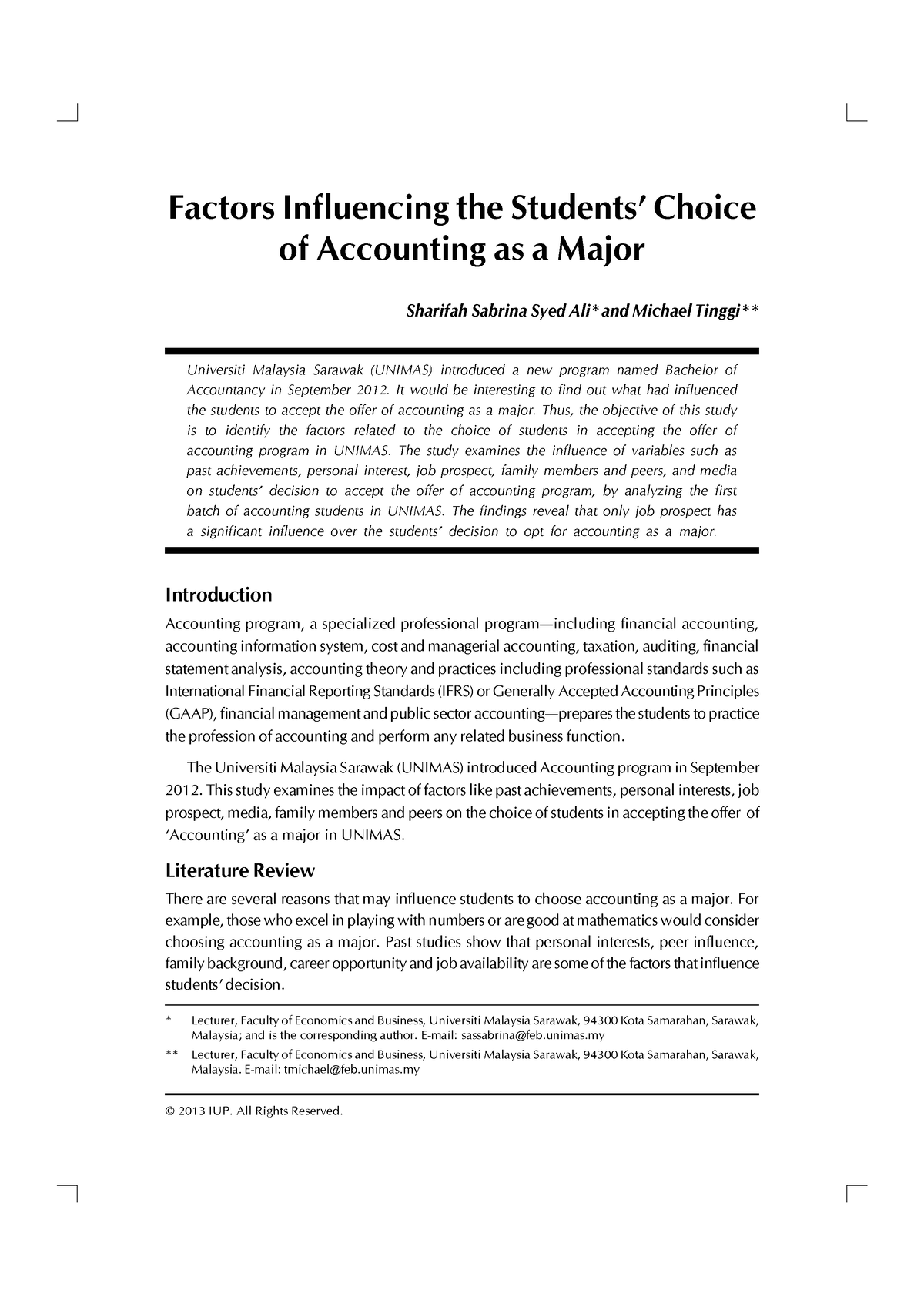 25 Factors Influencing The Students Choi[ 294] - © 2013 IUP. All Rights ...