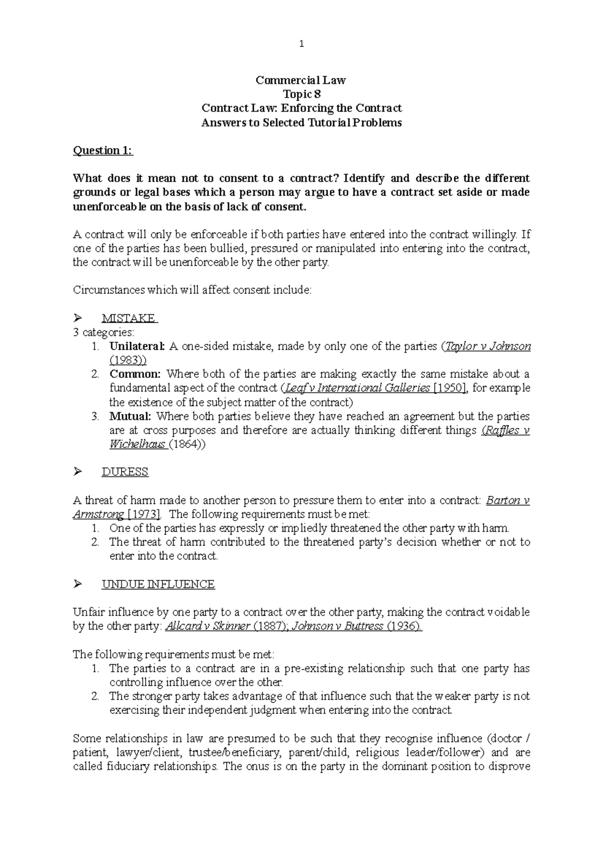 Tutorial Solutions Topic 8 Enforcing the Contract - 1 Commercial Law ...