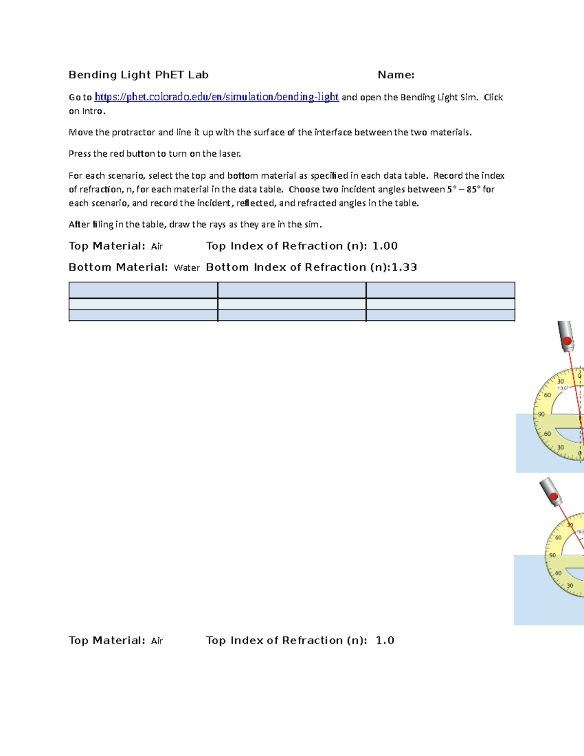 Bending Light Ph ET Lab WS Bending Light PhET Lab Name Go to Studocu