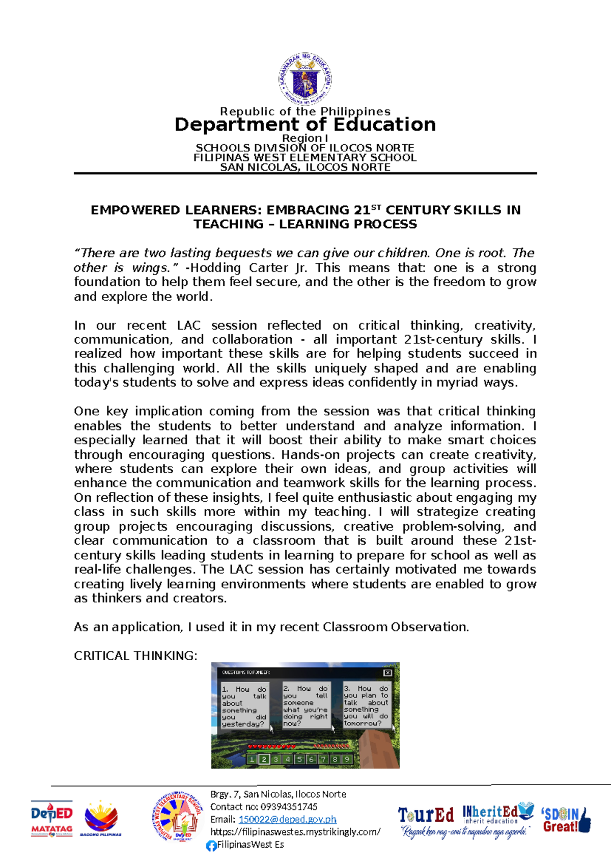 LAC Reflective Journal - Republic of the Philippines Department of ...