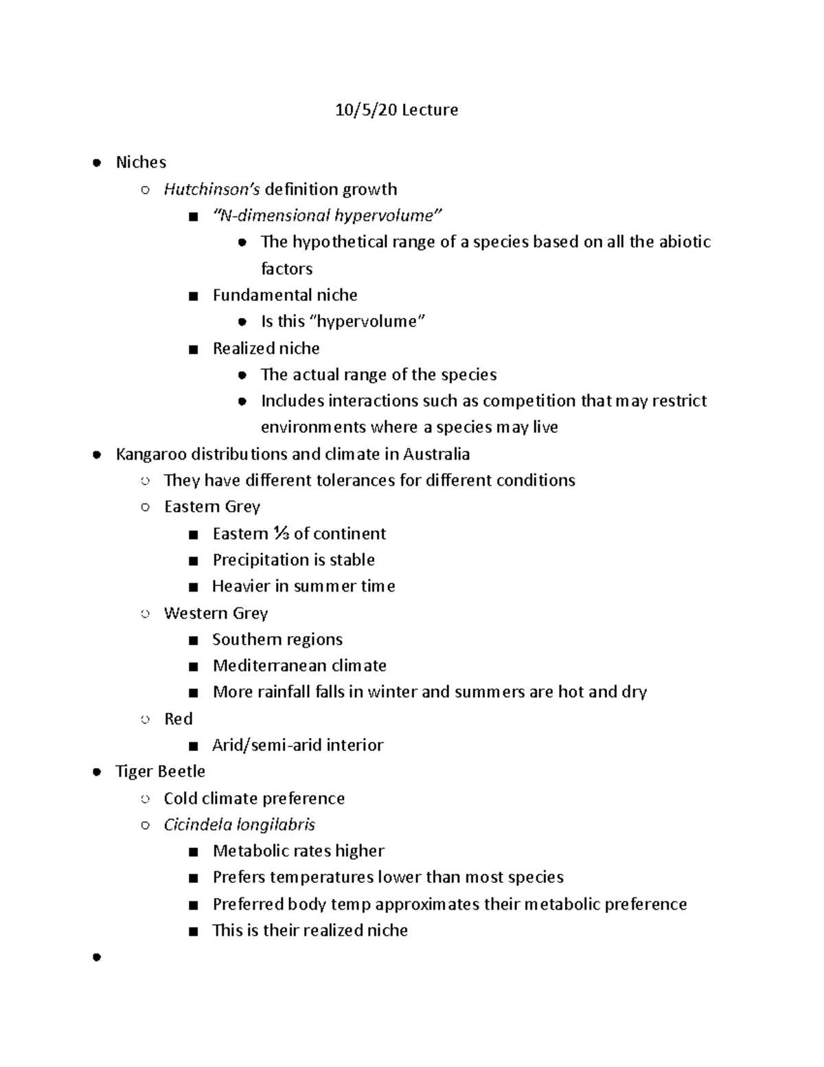 Ecology Exam 3 Lectures 10/5/20 Lecture Niches Hutchinson’s