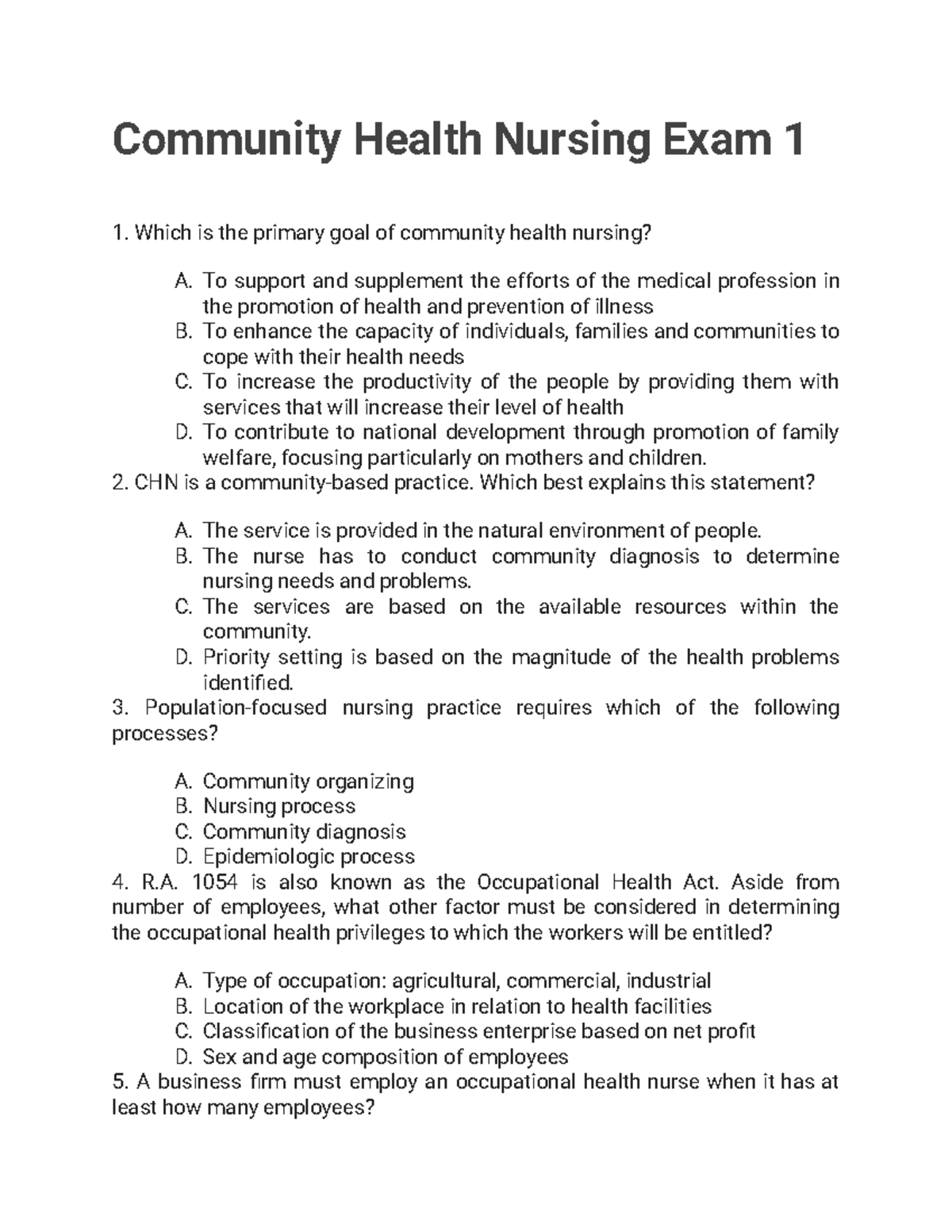 Community Health Nursing Exam 1 - To support and supplement the efforts ...