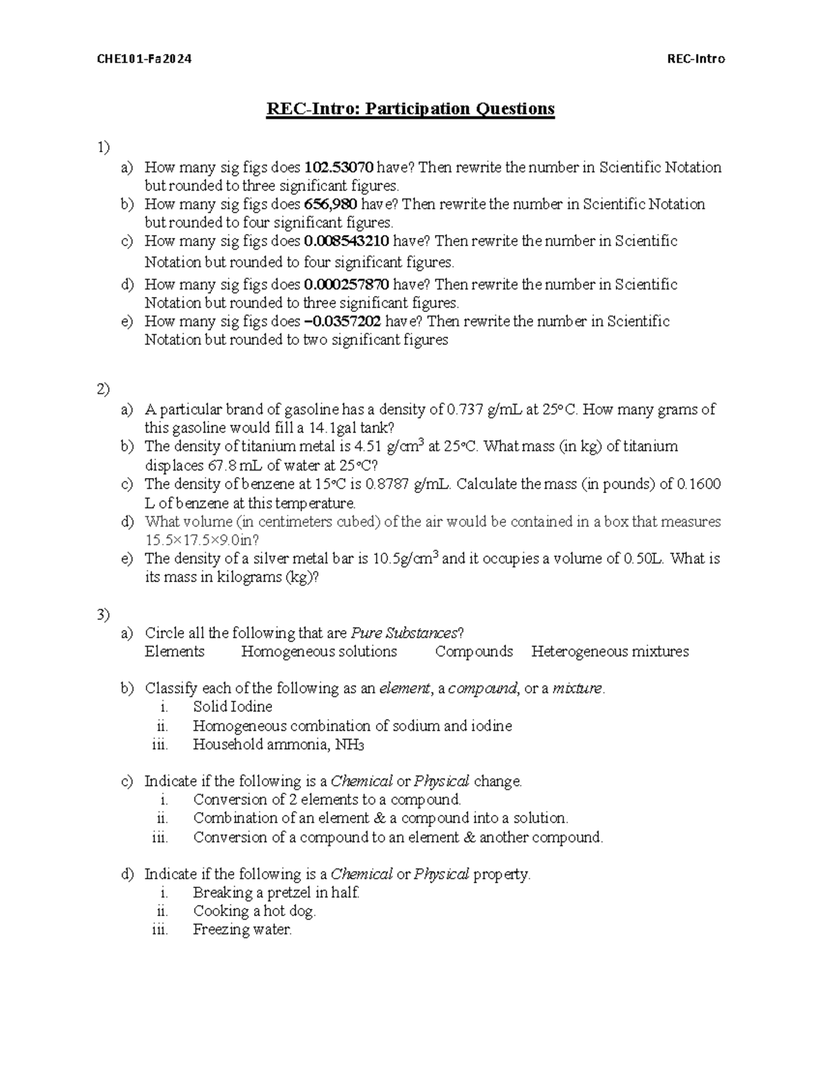 REC-Intro-Participation Questions Fa2024 - CHE101-Fa2024 REC-Intro REC ...