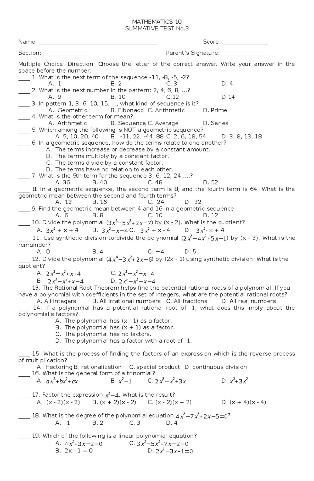 Summative Test 3 - MATHEMATICS 10 SUMMATIVE TEST No. Name: - Studocu