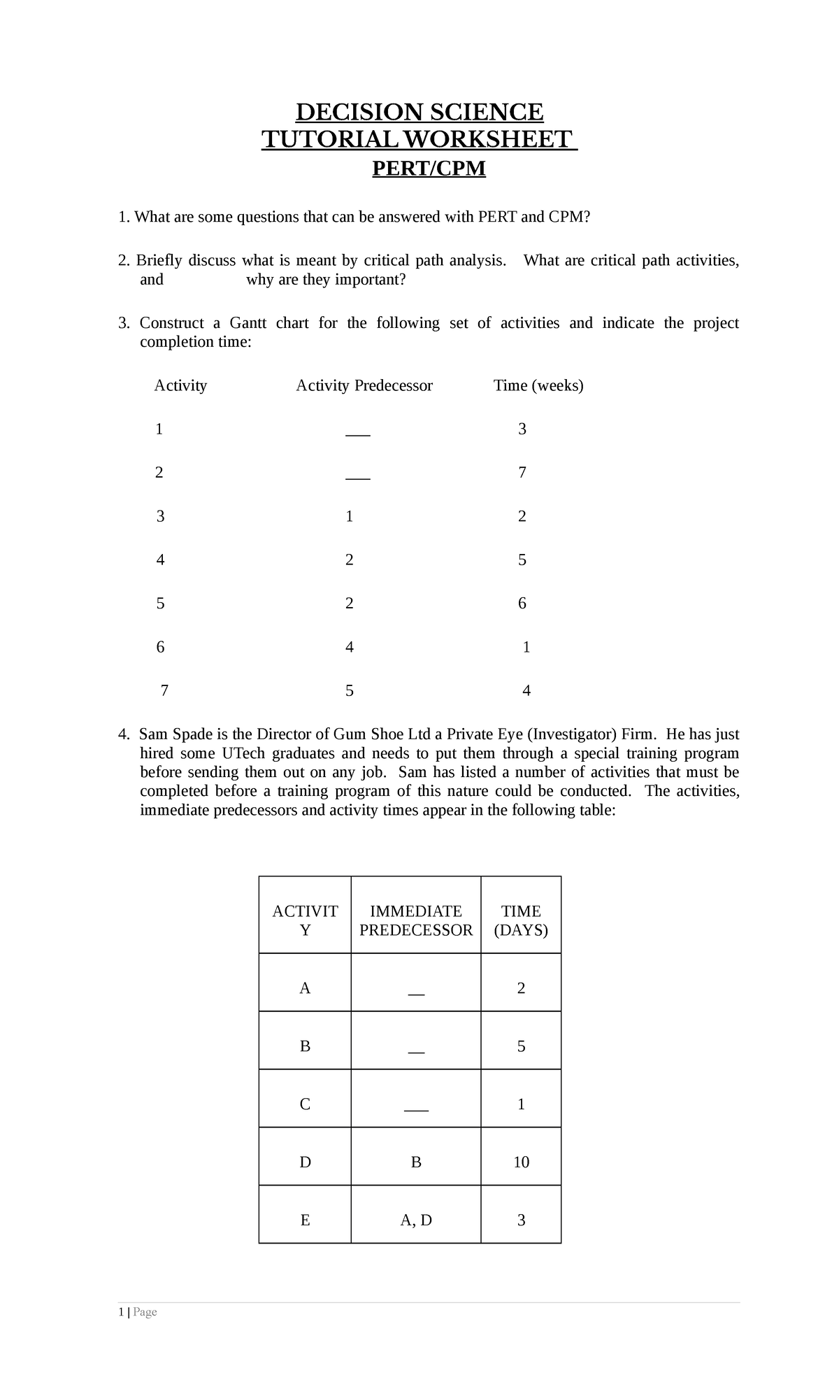 Project Management Tutorial - DECISION SCIENCE TUTORIAL WORKSHEET PERT ...