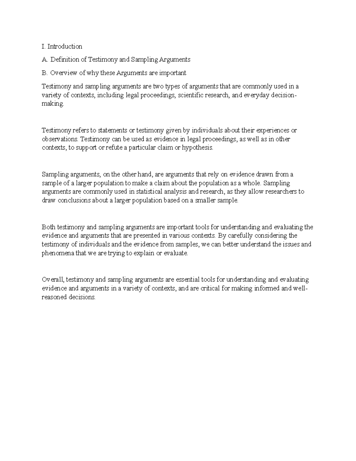Testimony and Sampling Arguments 1 I. Introduction A. Definition of