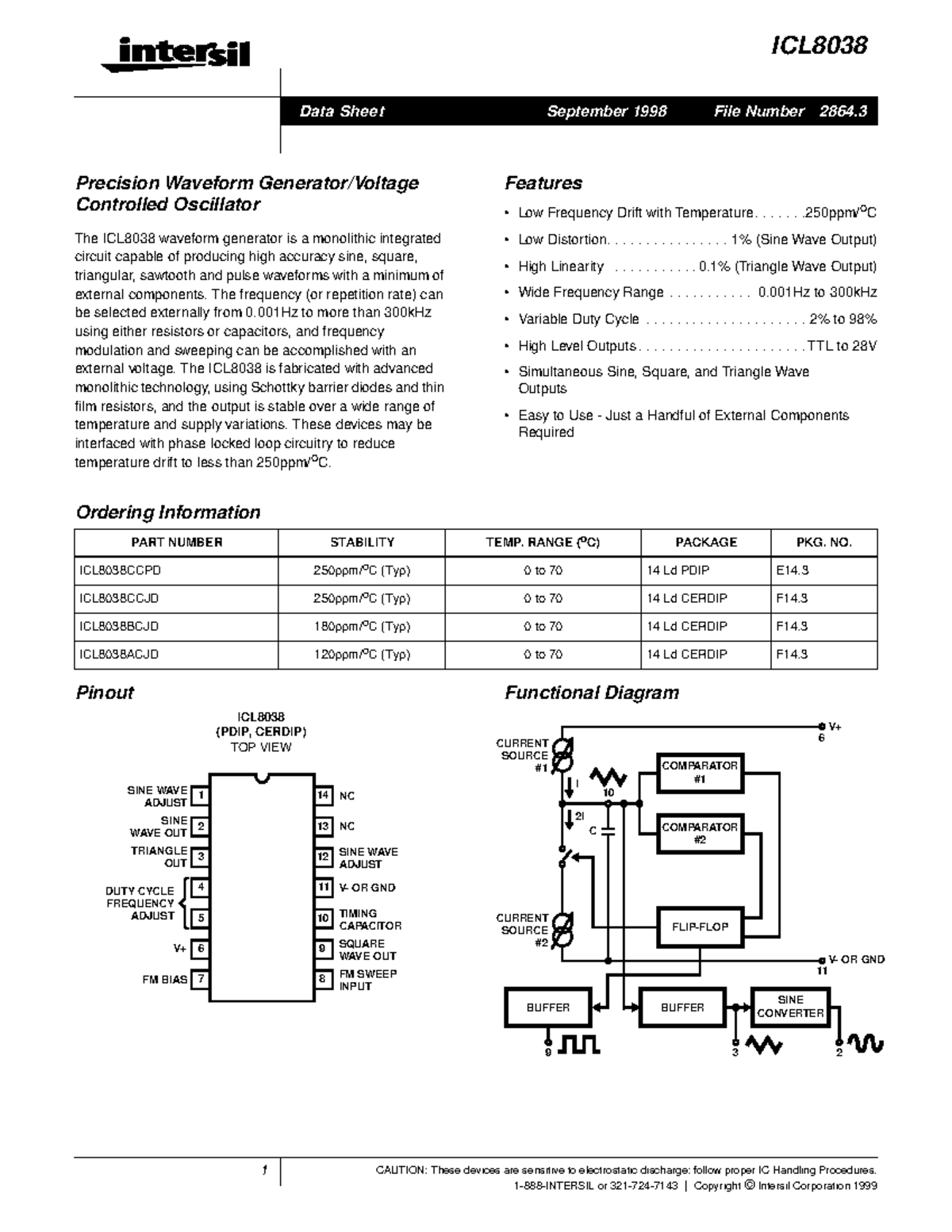 ICL8038 - sss - 1 CAUTION: These devices are sensitive to electrostatic ...