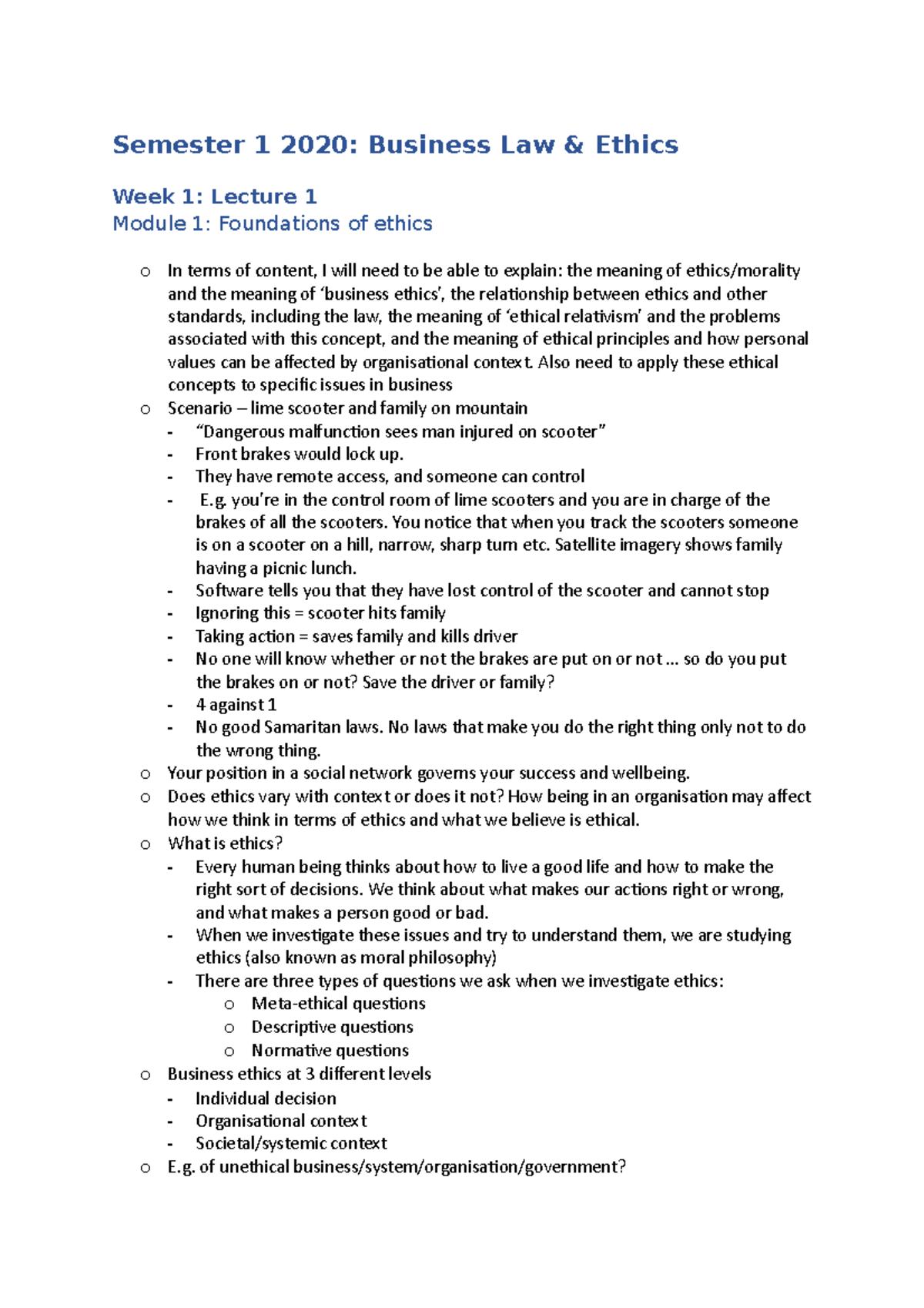 BSB111 LECTURE NOTES - Semester 1 2020: Business Law & Ethics Week 1 ...