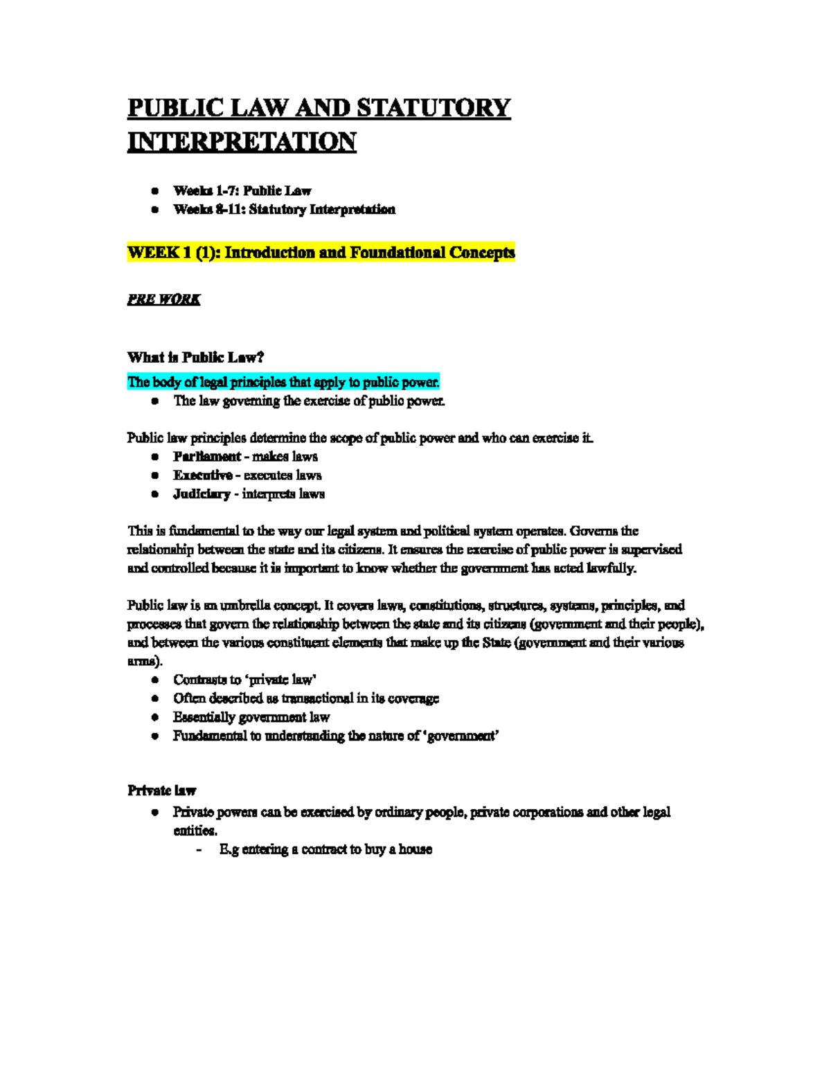 Plsi notes week 1-4 - PUBLIC LAW AND STATUTORY INTERPRETATION Weeks ...
