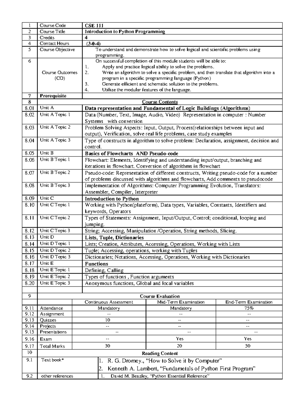 Syllabus CSE111 for computer science and engineering - 1 Course Code ...