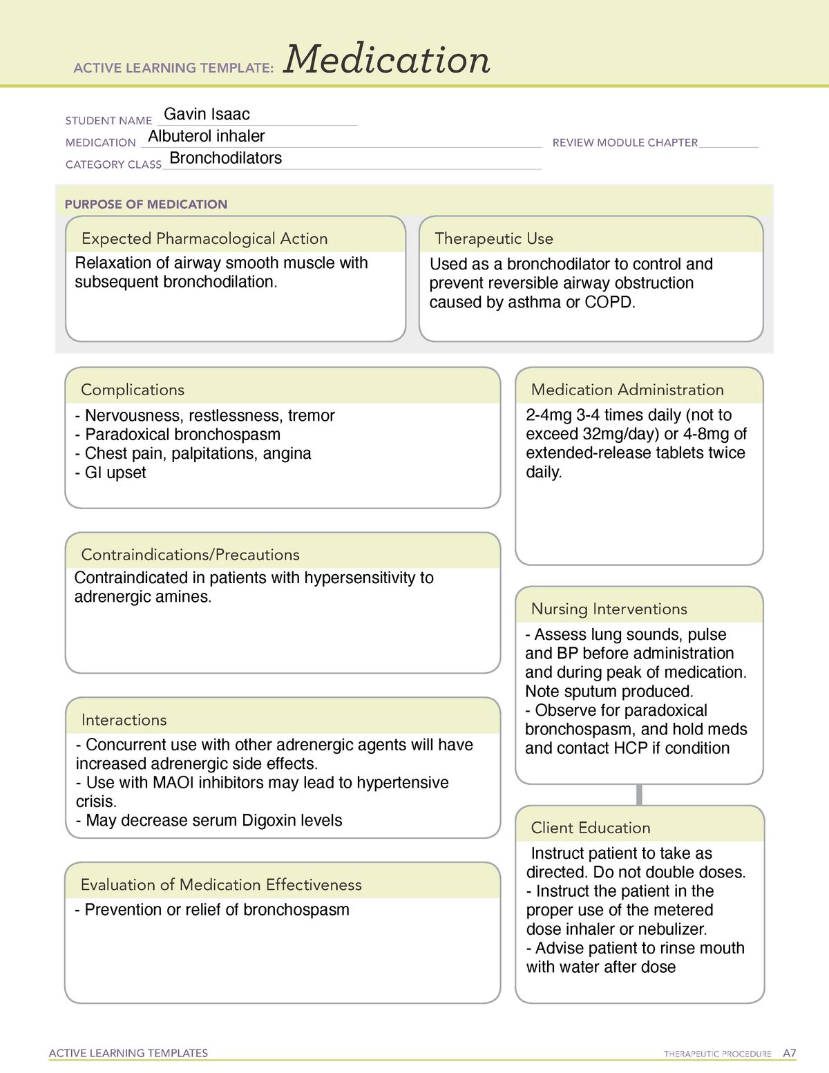 Medication Albuterol Active Learning Template ACTIVE LEARNING