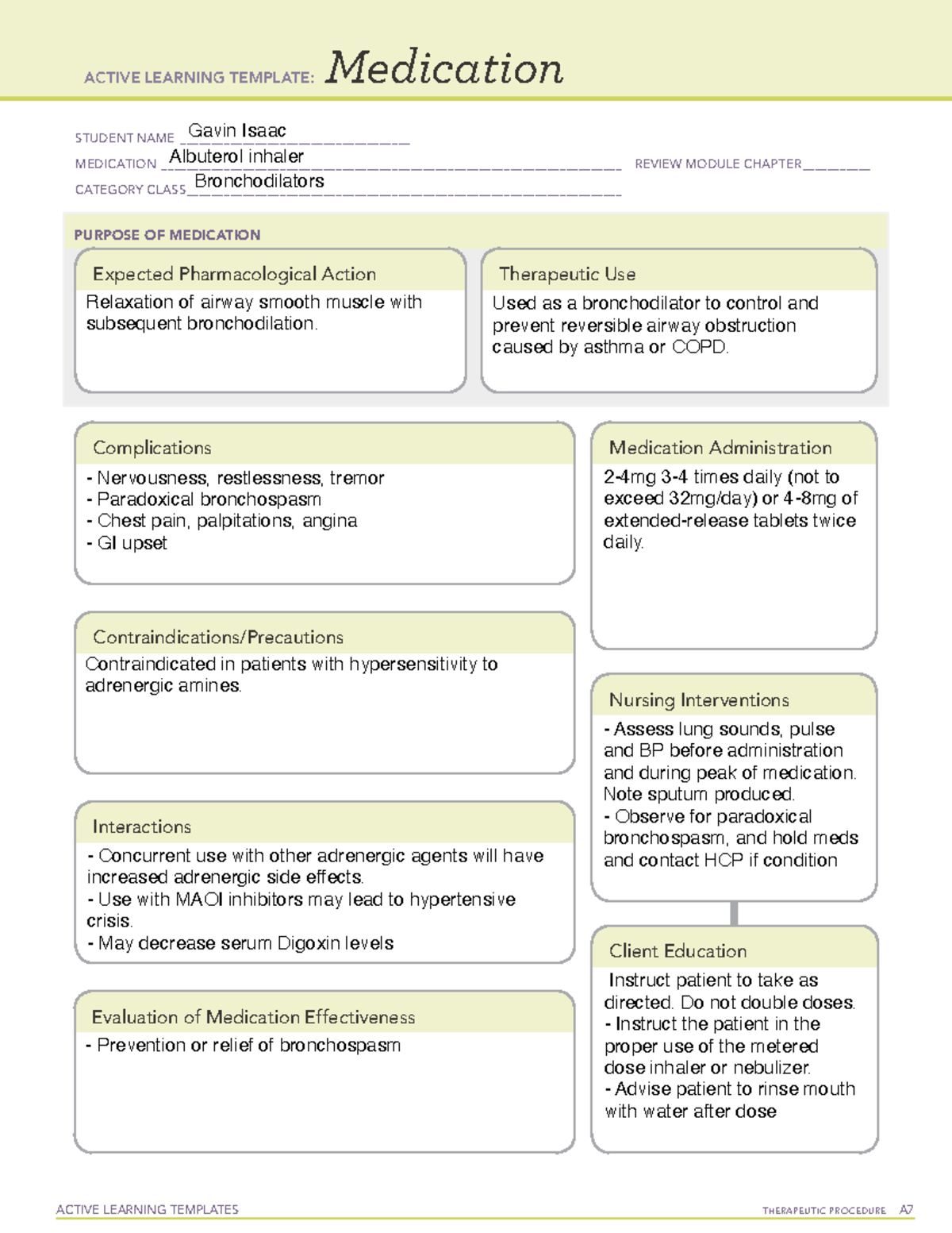 Medication Albuterol Active Learning Template ACTIVE LEARNING