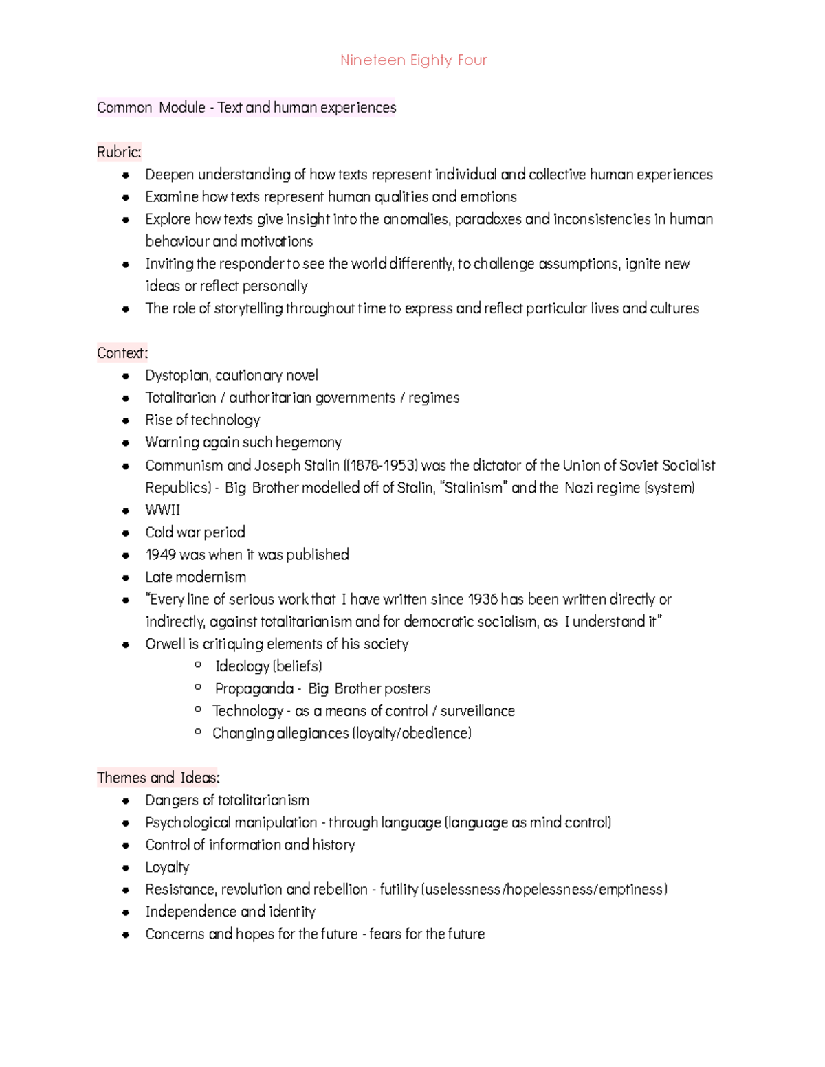 1984 notes - Common Module - Text and human experiences Rubric: Deepen ...