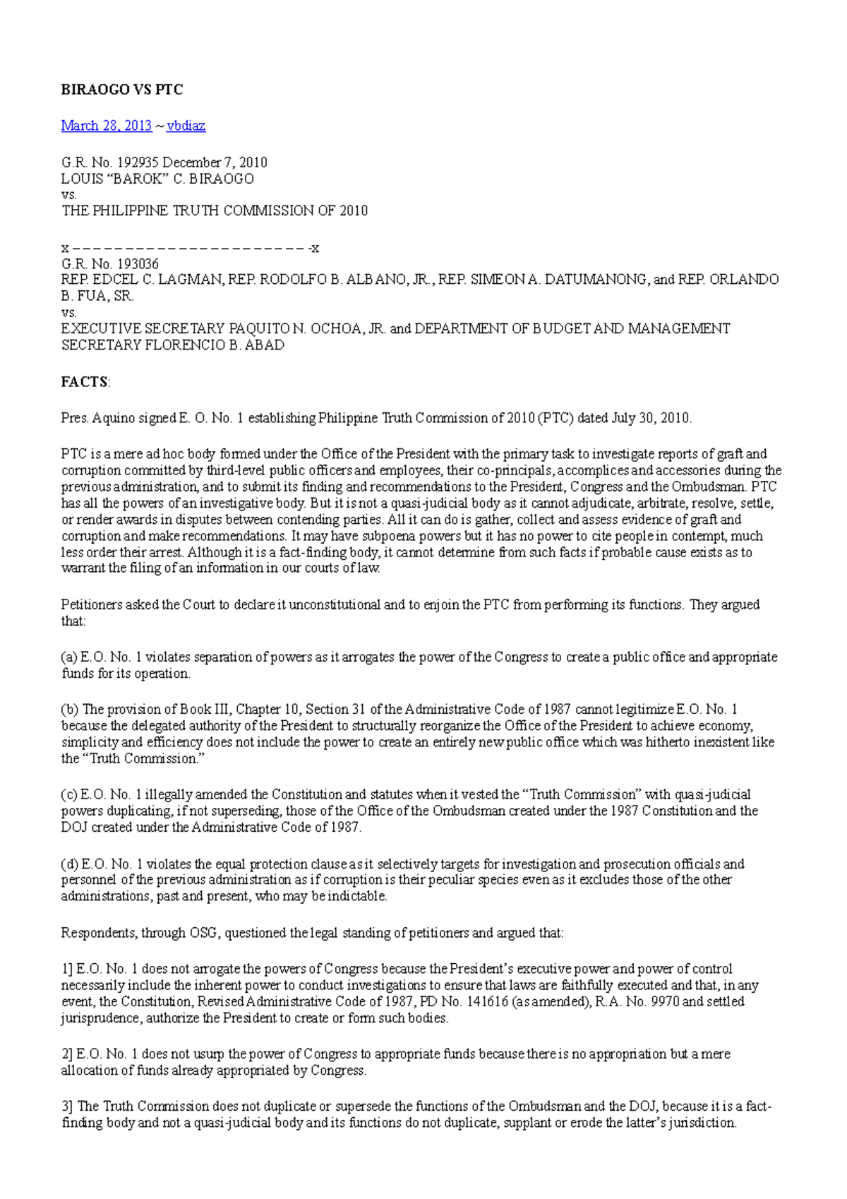 Equal Protction Clause Digests BIRAOGO VS PTC March 28, 2013 vbdiaz