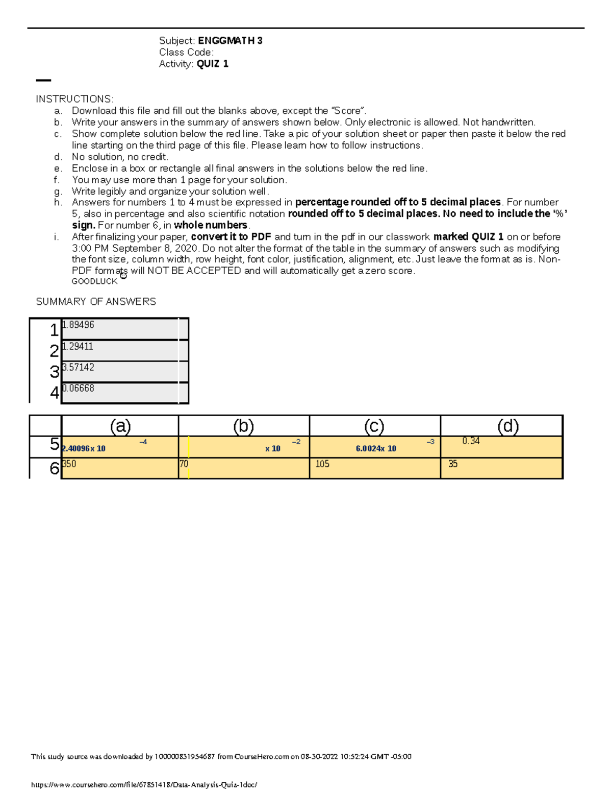 Data Analysis Quiz 1 - Subject: ENGGMATH 3 Class Code: Activity: QUIZ 1 ...