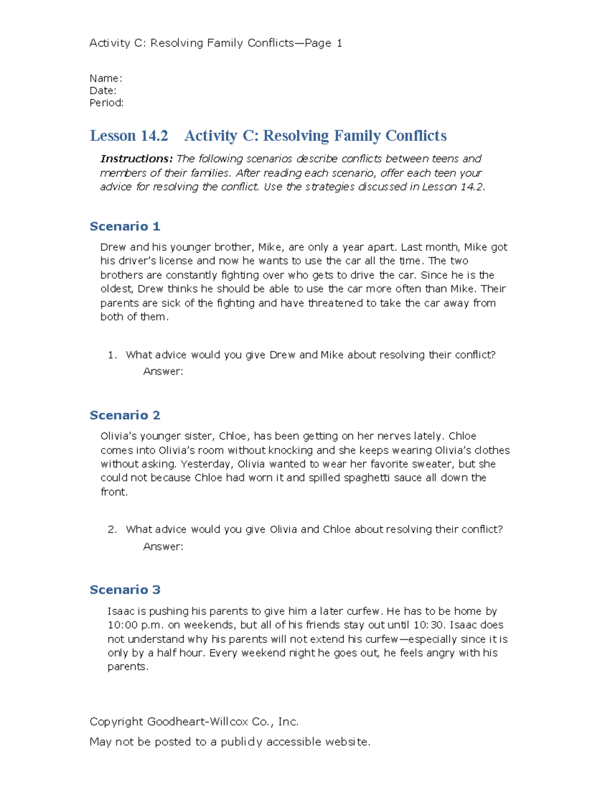 Ch14 2C- Resolving Family Conflicts-1 - Activity C: Resolving Family ...