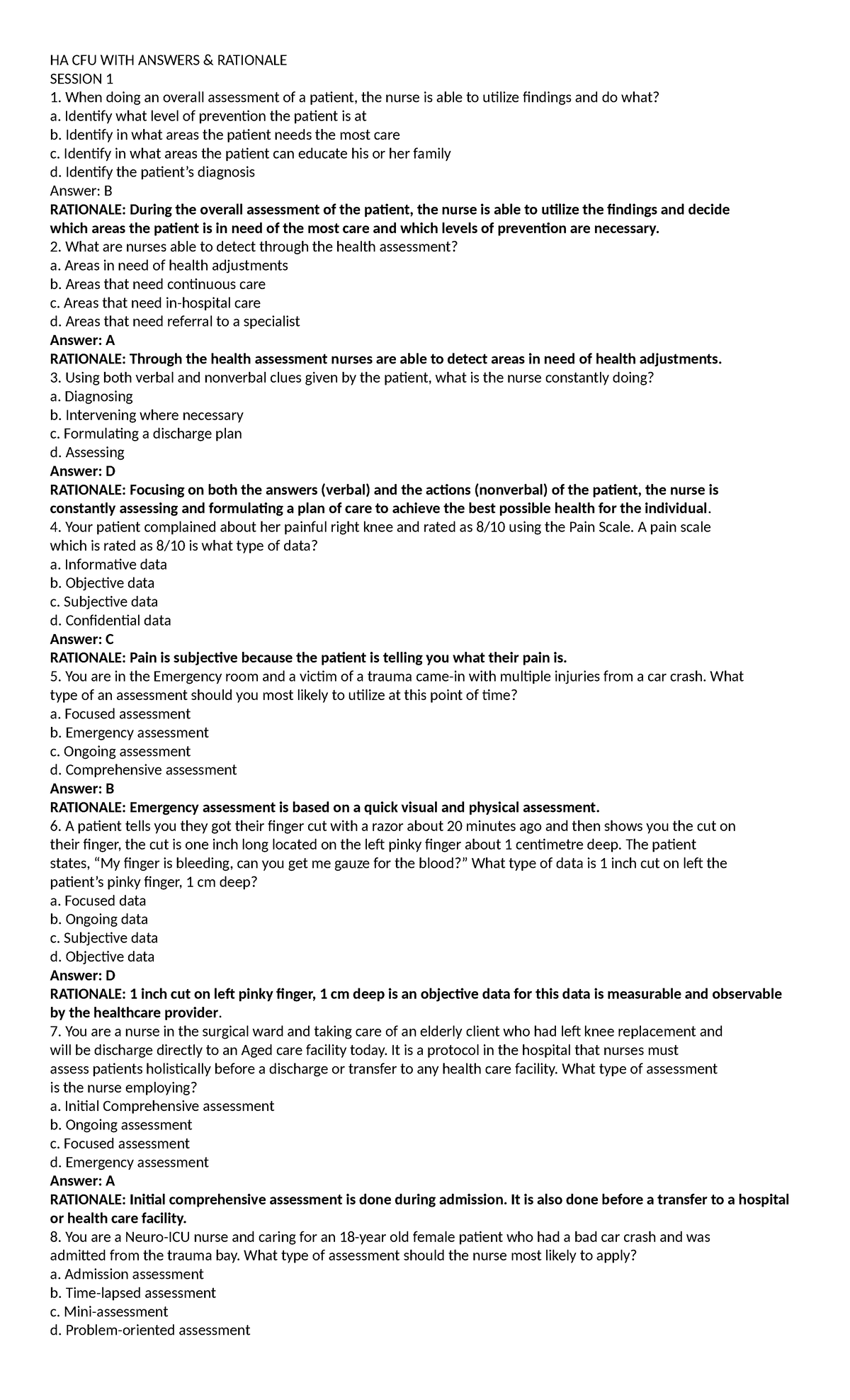 Health Assessment CFU WITH Answers Rationale Sessions 1 10 - HA CFU ...