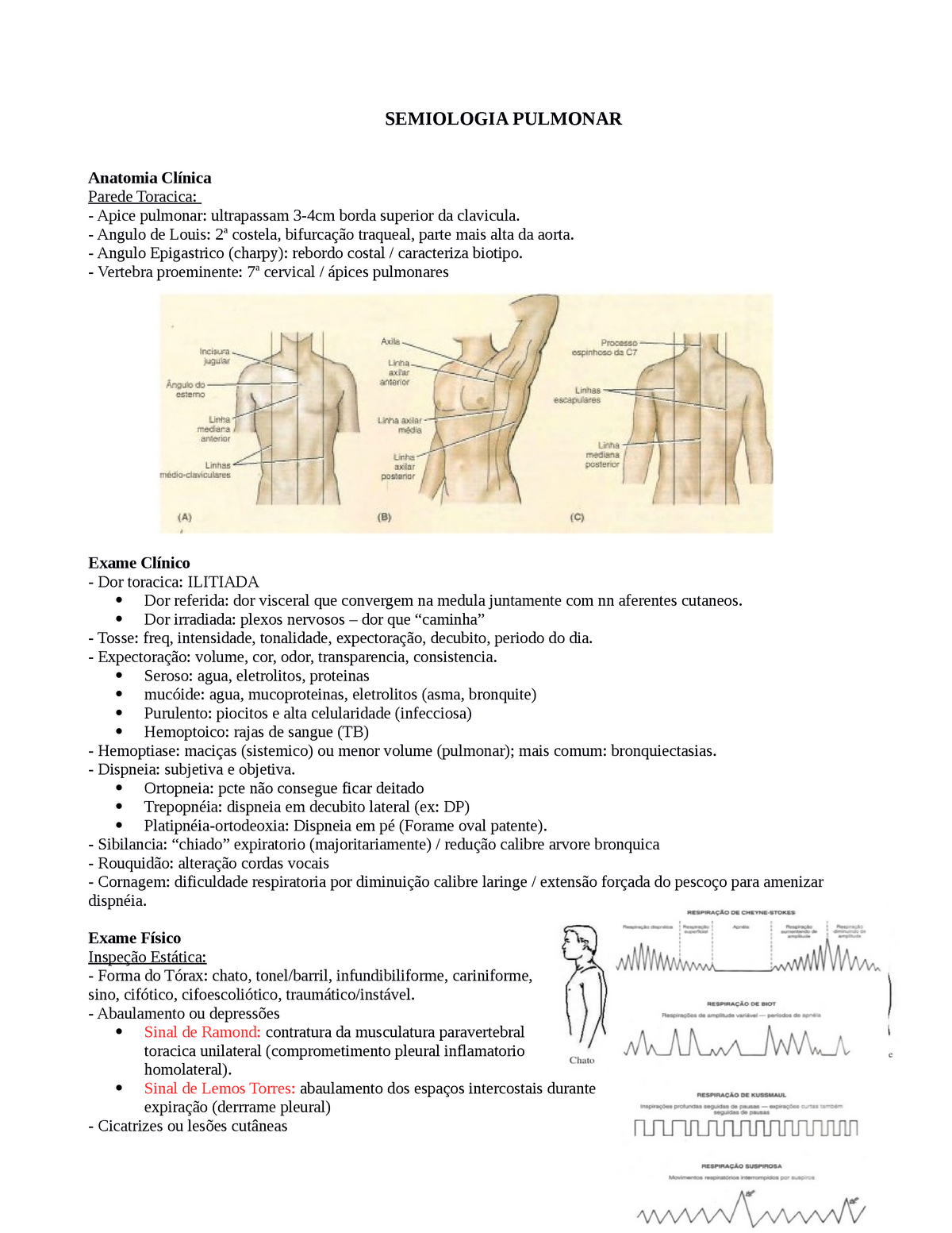 Roteiro Semio Clinica - Med - SEMIOLOGIA PULMONAR Anatomia Parede Toracica:  Apice pulmonar: - Studocu