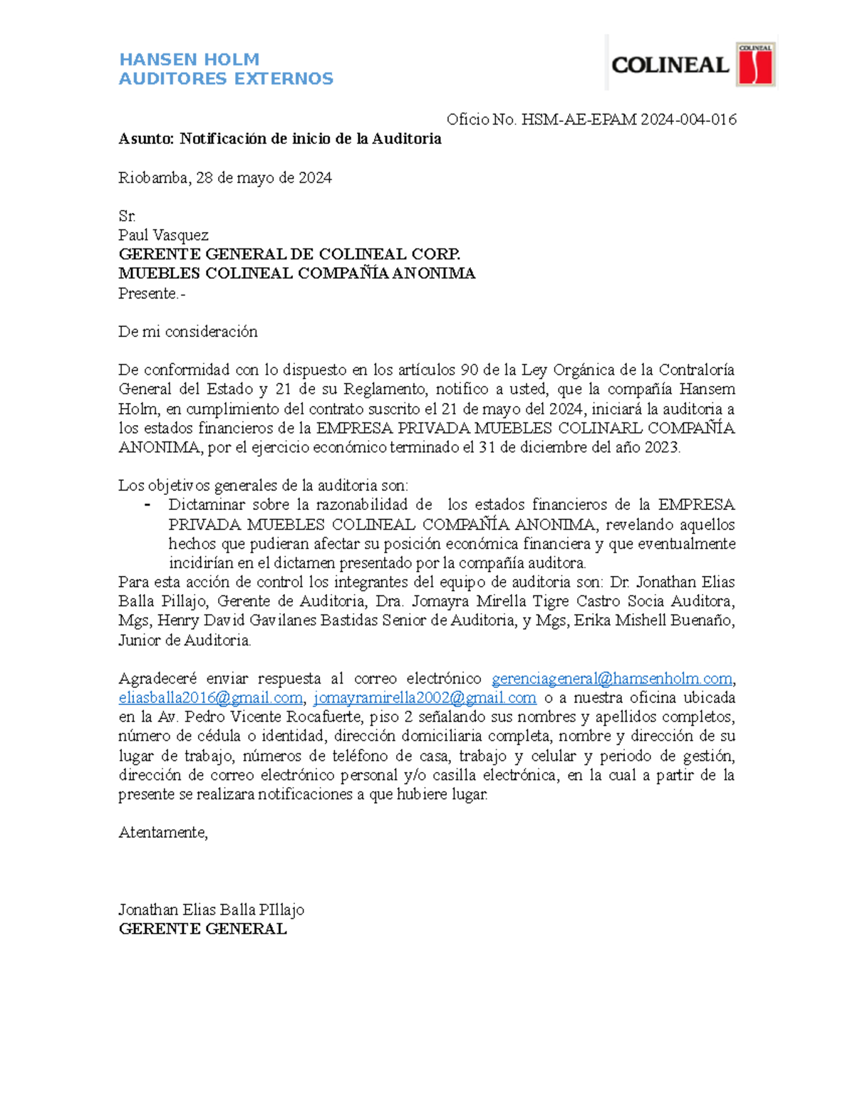 Modelo Notificación Inicio De Auditoria Hansen Holm Auditores