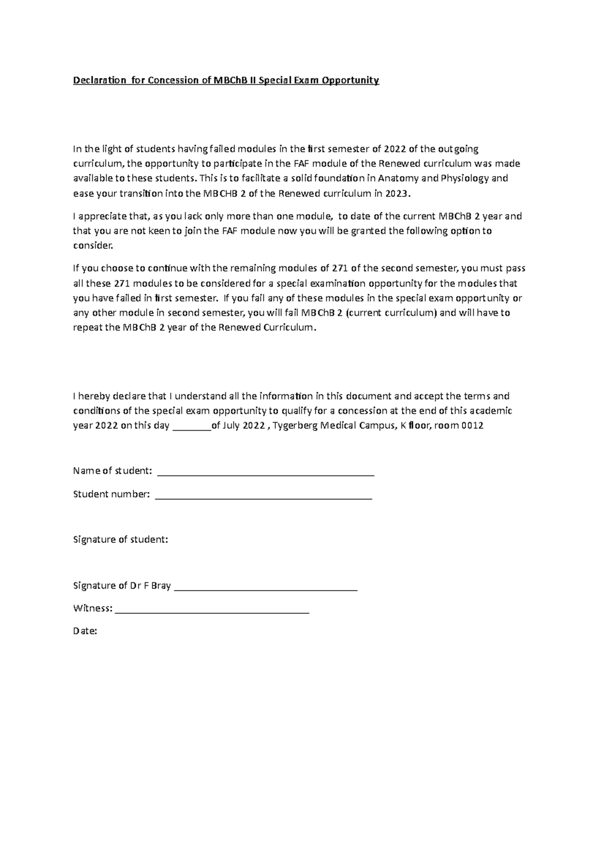 Declaration for Consession of MBCh B II Special Exam Opportunity July ...
