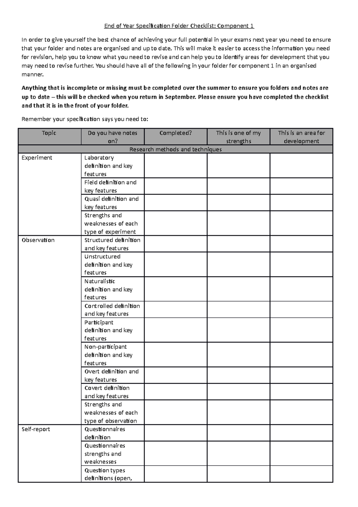 End of Year Specification Folder Checklist 1 - This will make it easier ...