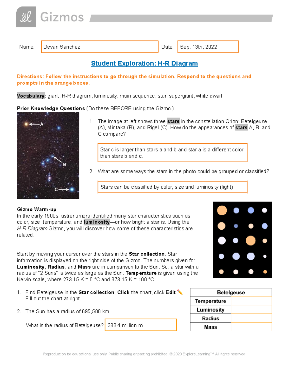 H-R Diagram SE - Gizmo - Name: Devan Sanchez Date: Sep. 13th, 2022 Student  Exploration: H-R Diagram - Studocu