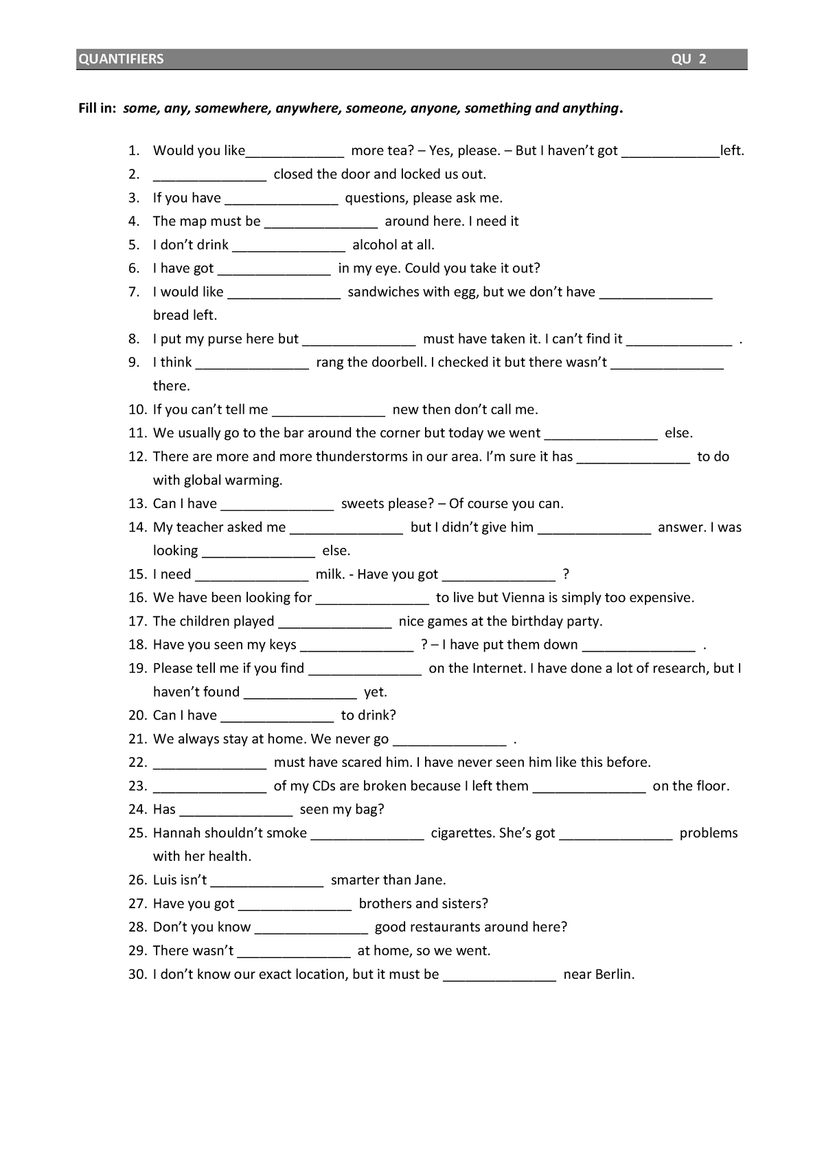 Some any worksheet - QUANTIFIERS QU 2 Fill in: some, any, somewhere ...