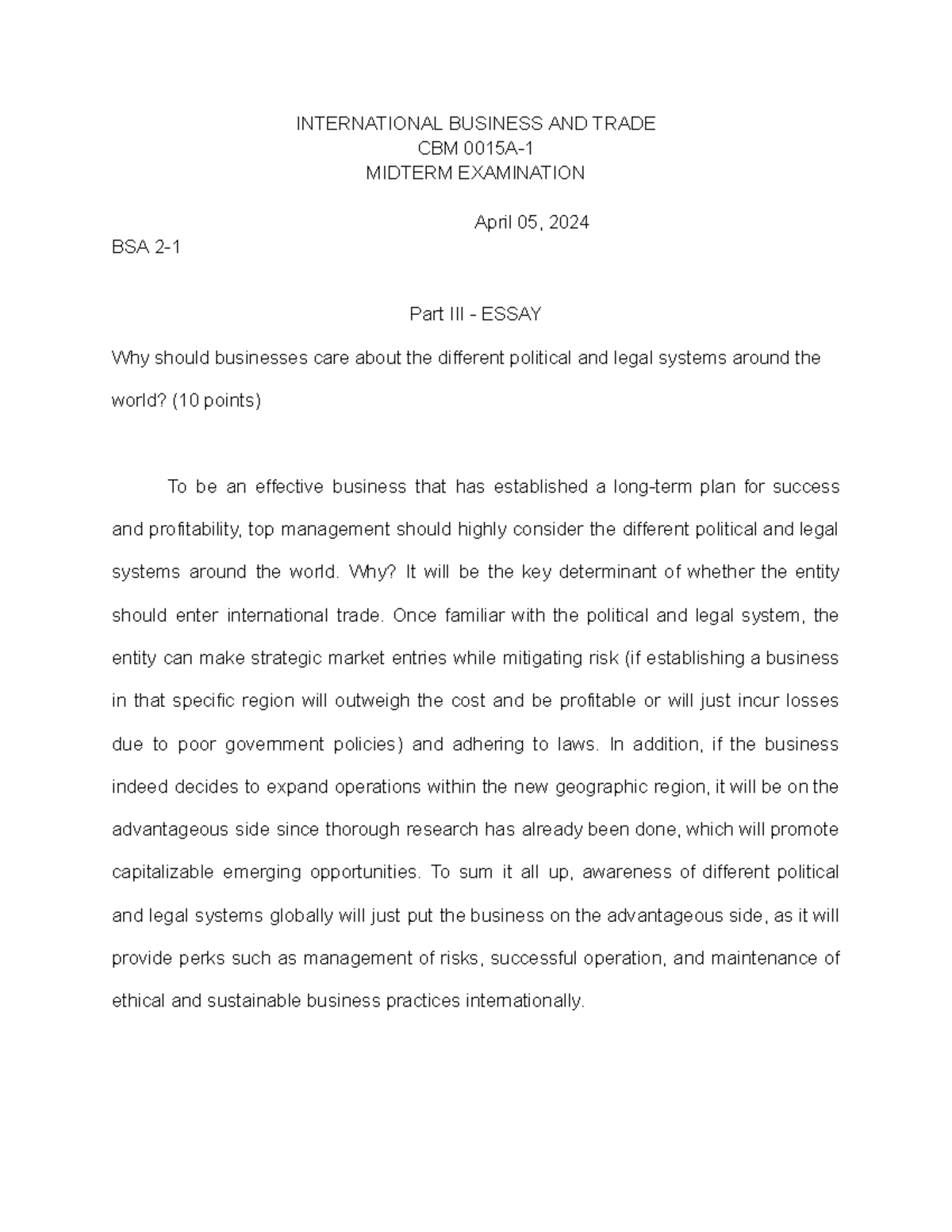 IBT - Part III Essay ( Midterms) - INTERNATIONAL BUSINESS AND TRADE CBM ...