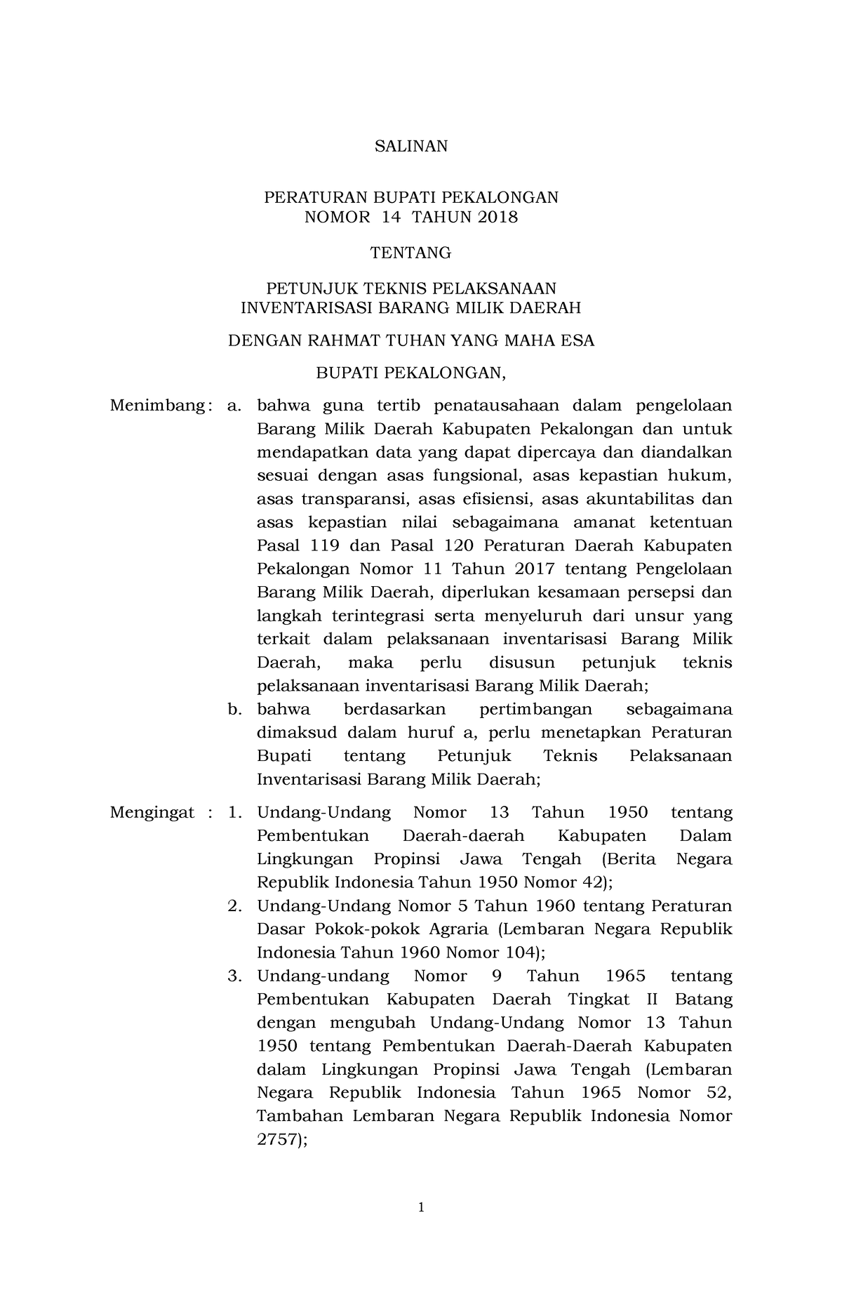 PB2018-14 - Undang-Undang - SALINAN PERATURAN BUPATI PEKALONGAN NOMOR ...