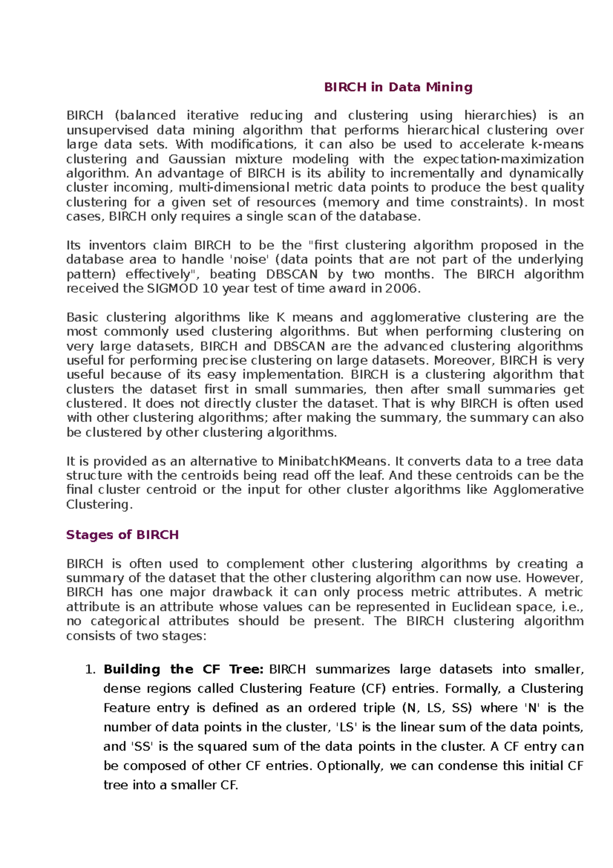 Birch in Data Mining 15 - BIRCH in Data Mining BIRCH (balanced ...