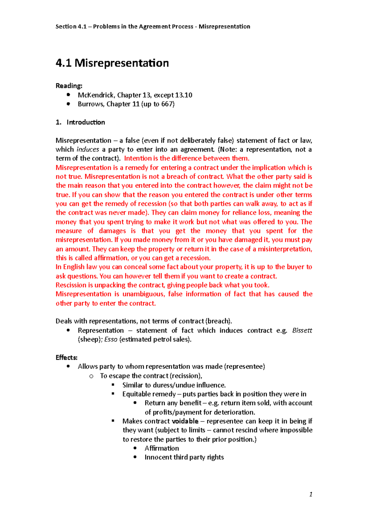 Misrepresentation Contract Law - Section 4 – Problems in the Agreement ...