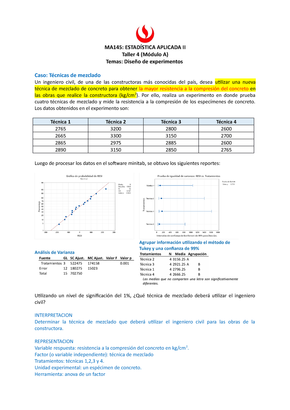 Ma145 Taller 4 Módulo A Solucionario Ma145 EstadÍstica Aplicada Ii Taller 4 Módulo A 5201