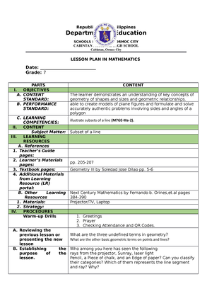 Lessonplan Math7 M7GE IIIa 1 - Republic Of The Philippines Department ...