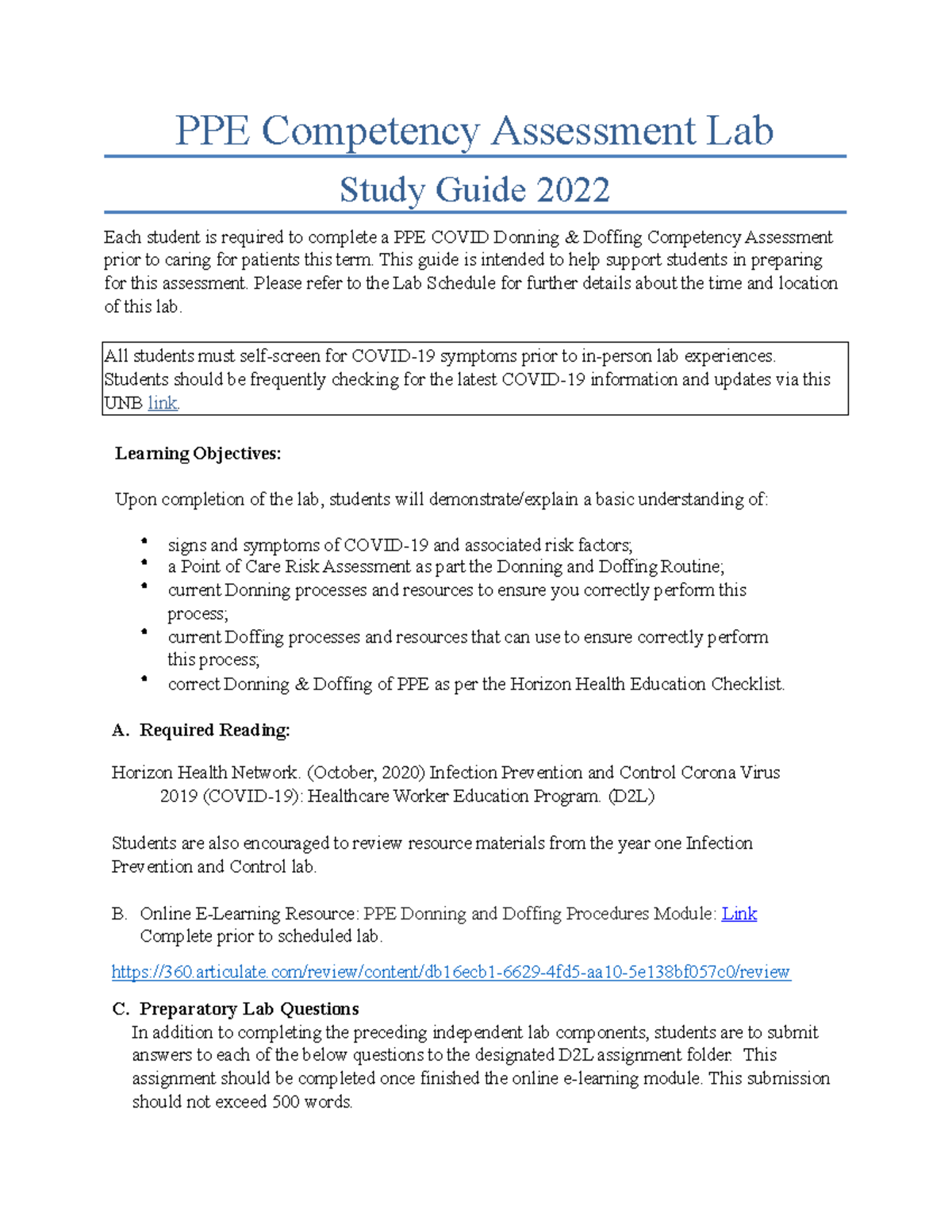 Study Guide Covid 19 PPE Competency Assessment 2 PPE Competency Assessment Lab Study Guide