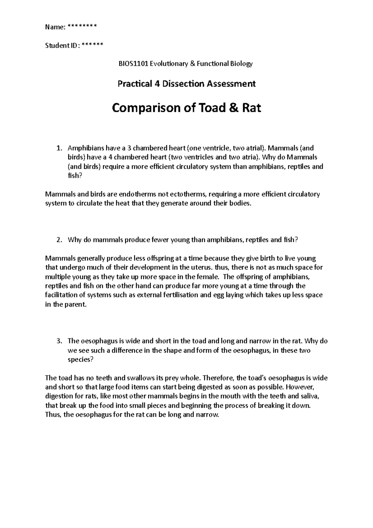 BIOS1101 - Practical 4 Dissection Assessment - Name: ******** Student ...