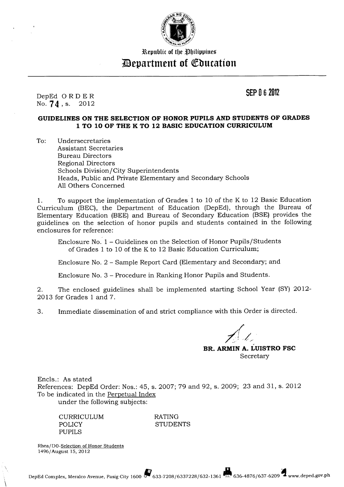 DO S2012 74 - Deped Order - Studocu