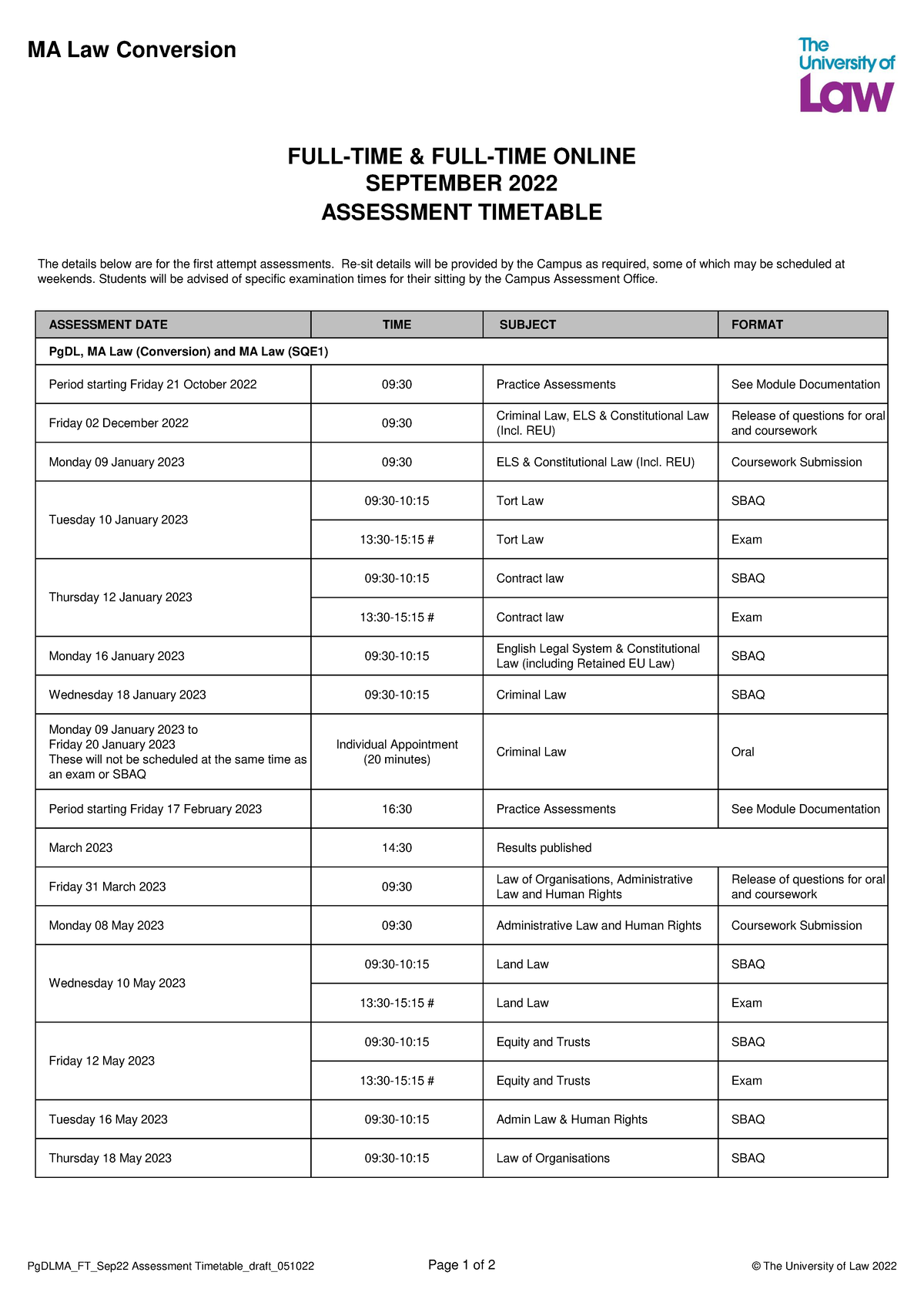 Pg DLMA FT Sep22 Assessment Timetable @26-Aug-22 - MA Law Conversion ...