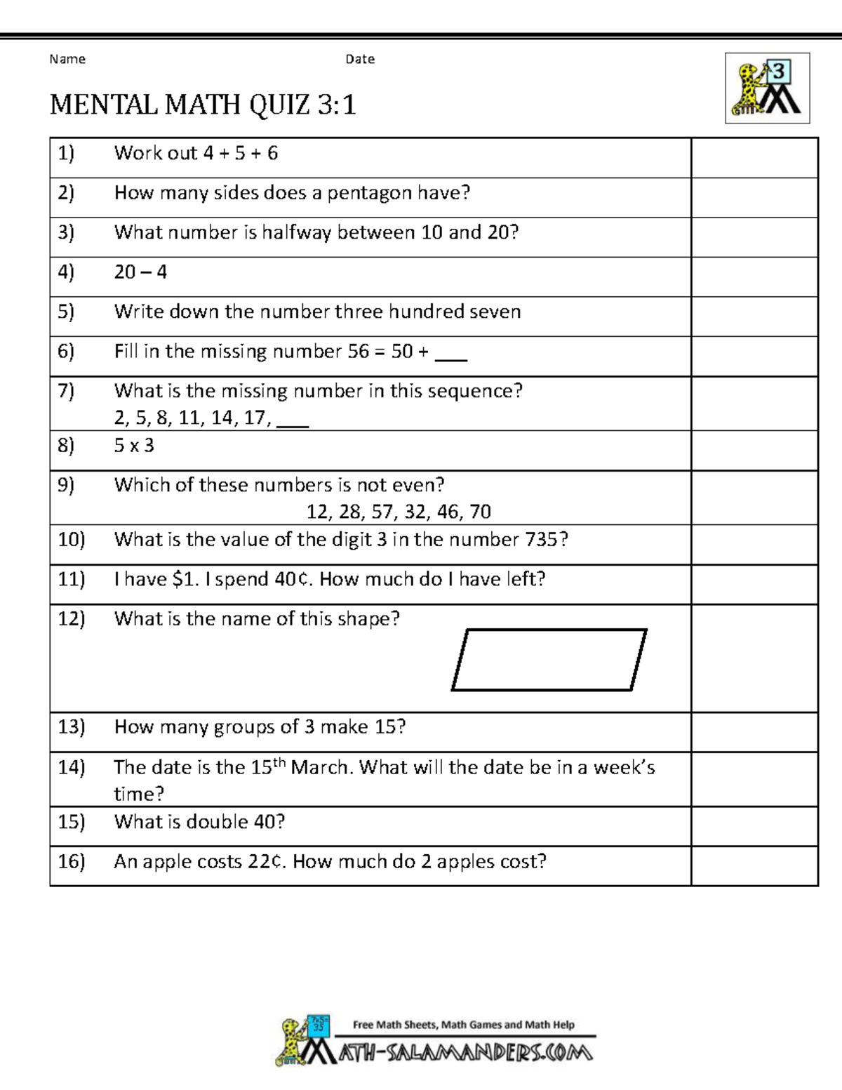 Mental math quiz 3rd 1 - Math - Name Date MENTAL MATH QUIZ 3: 1) Work ...