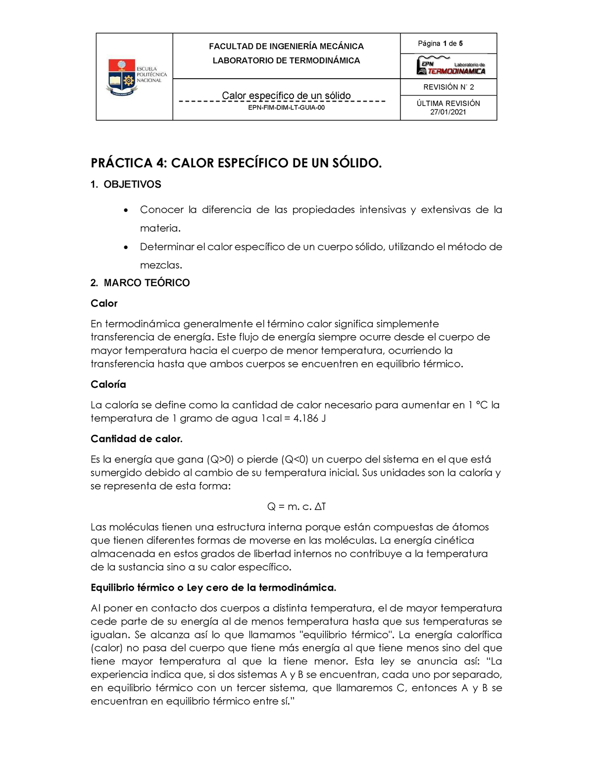 GuÍa P5 Calorimetría Facultad De IngenierÍa MecÁnica Laboratorio De TermodinÁmica Calor 7125