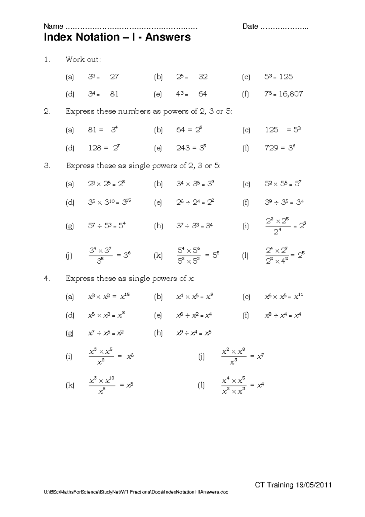 Index Notation Worksheet One Answers Week One - Name - Studocu