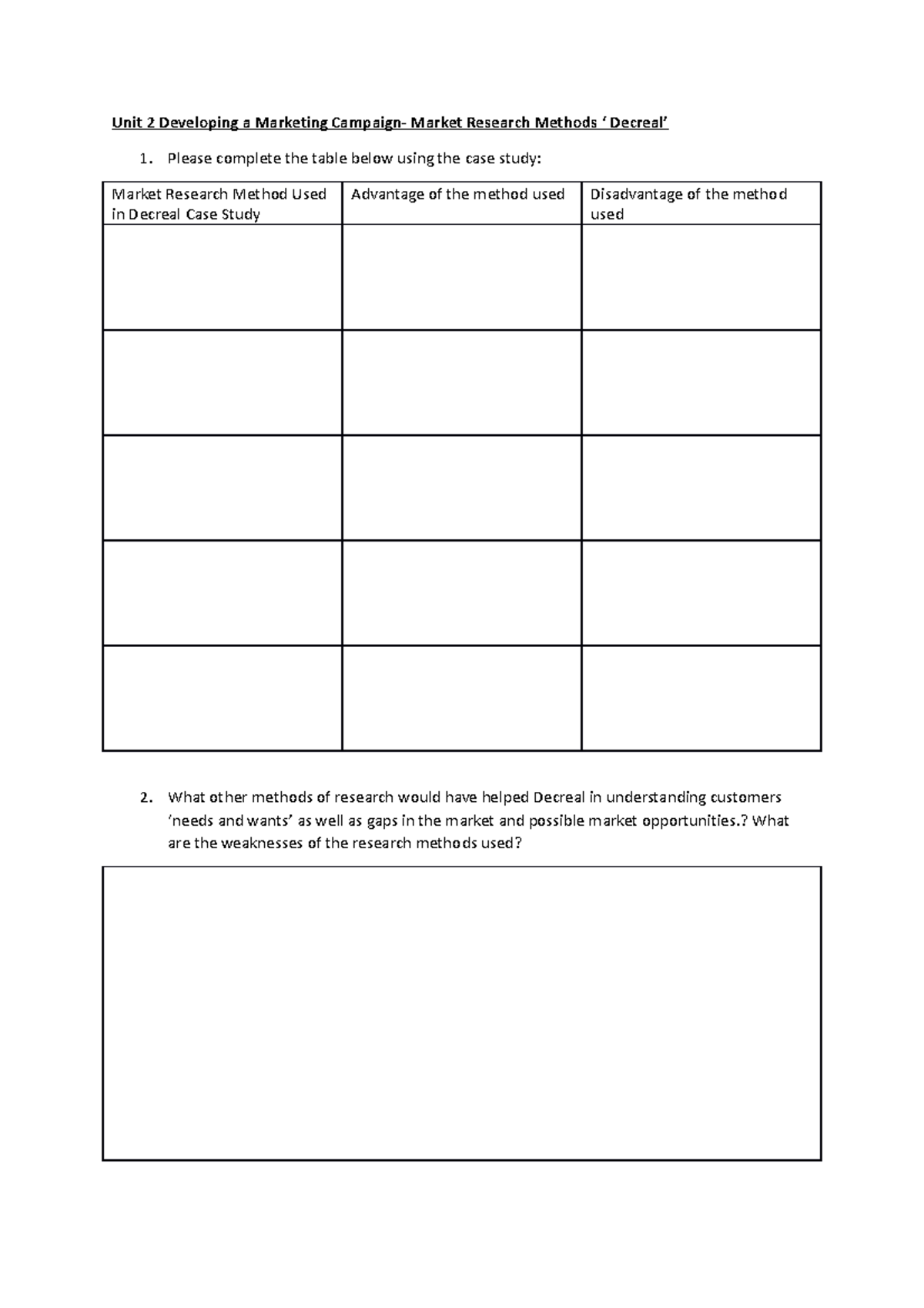 Decreal Market Research Exercise Lesson 3 - Unit 2 Developing a ...