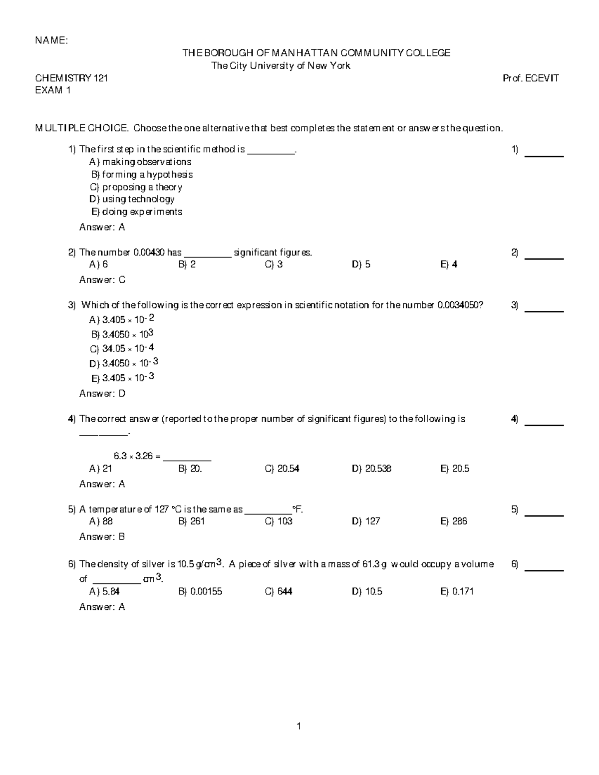 CHE121-Sample Test for Test#1( Ch.1, 2 and 3) - NAME: THE BOROUGH OF MA ...